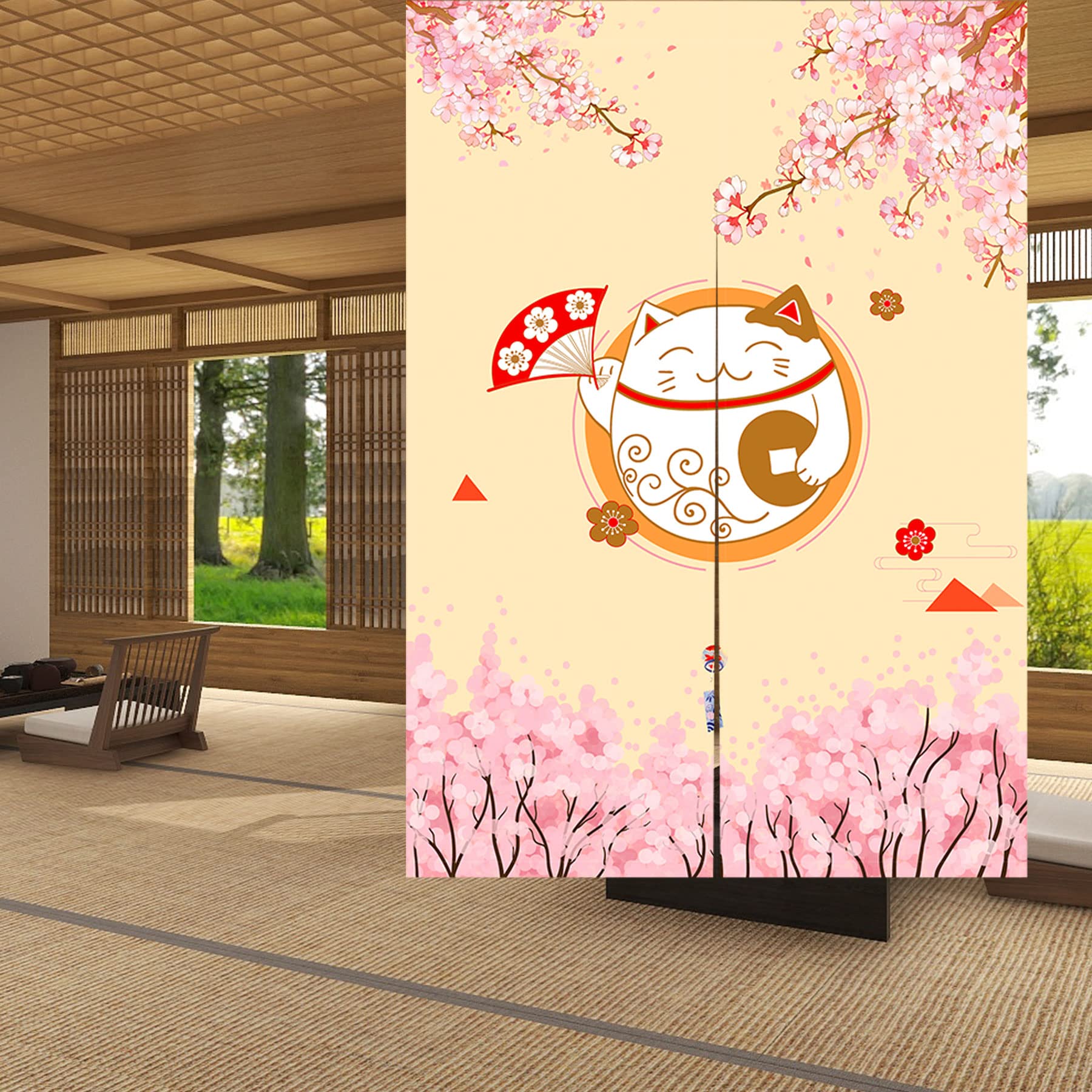 Cortina Japonesa Noren Para Puerta, Tapiz De Maneki Neko Lucky Cat Y