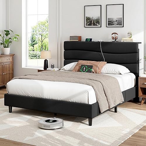 Miniatura 16 de EnHomee Base de cama tamaño Queen, base de cama Queen tapizada con estaciones de carga, cabecera de almacenamiento ajustable, dormitorio,