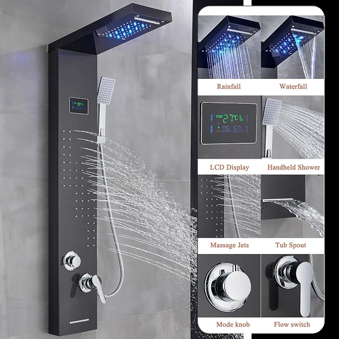 Panel de ducha negro con torre LED impermeable y boquilla de lluvia y masaje, acero inoxidable miniatura 3