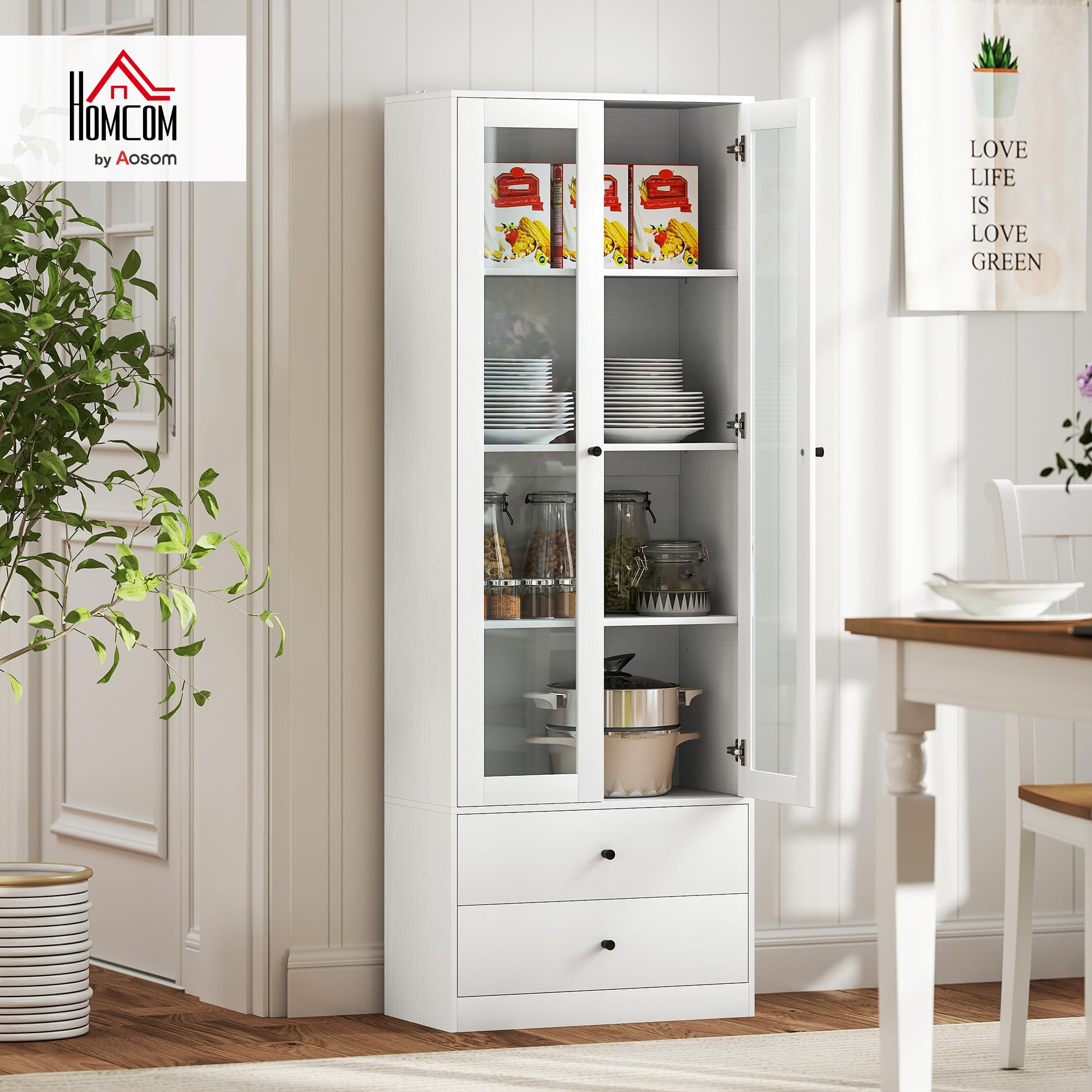HOMCOM Meuble de Rangement Buffet Salon Placard 59 x 30 x 164 cm Blanc | Portes Vitrées, Étagères Réglables, 2 Tiroirs, Armoire de Rangement, Salon Cuisine Chambre