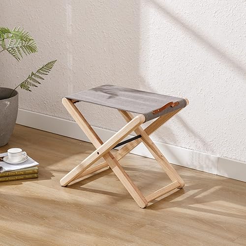 Miniatura 5 de Juego de 2 taburetes plegables de madera, de madera dura, de 18.5 pulgadas, taburete plegable portátil de pesca con soporte de metal resistente,