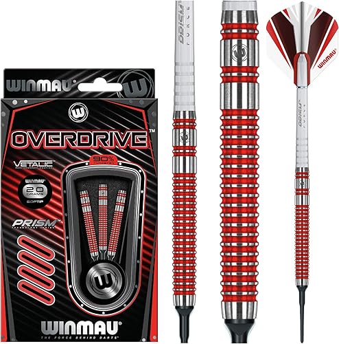 Miniatura 2 de Winmau Overdrive - Juego de dardos con punta de acero (90 % tungsteno) con vuelos y ejes de prisma (tallos)