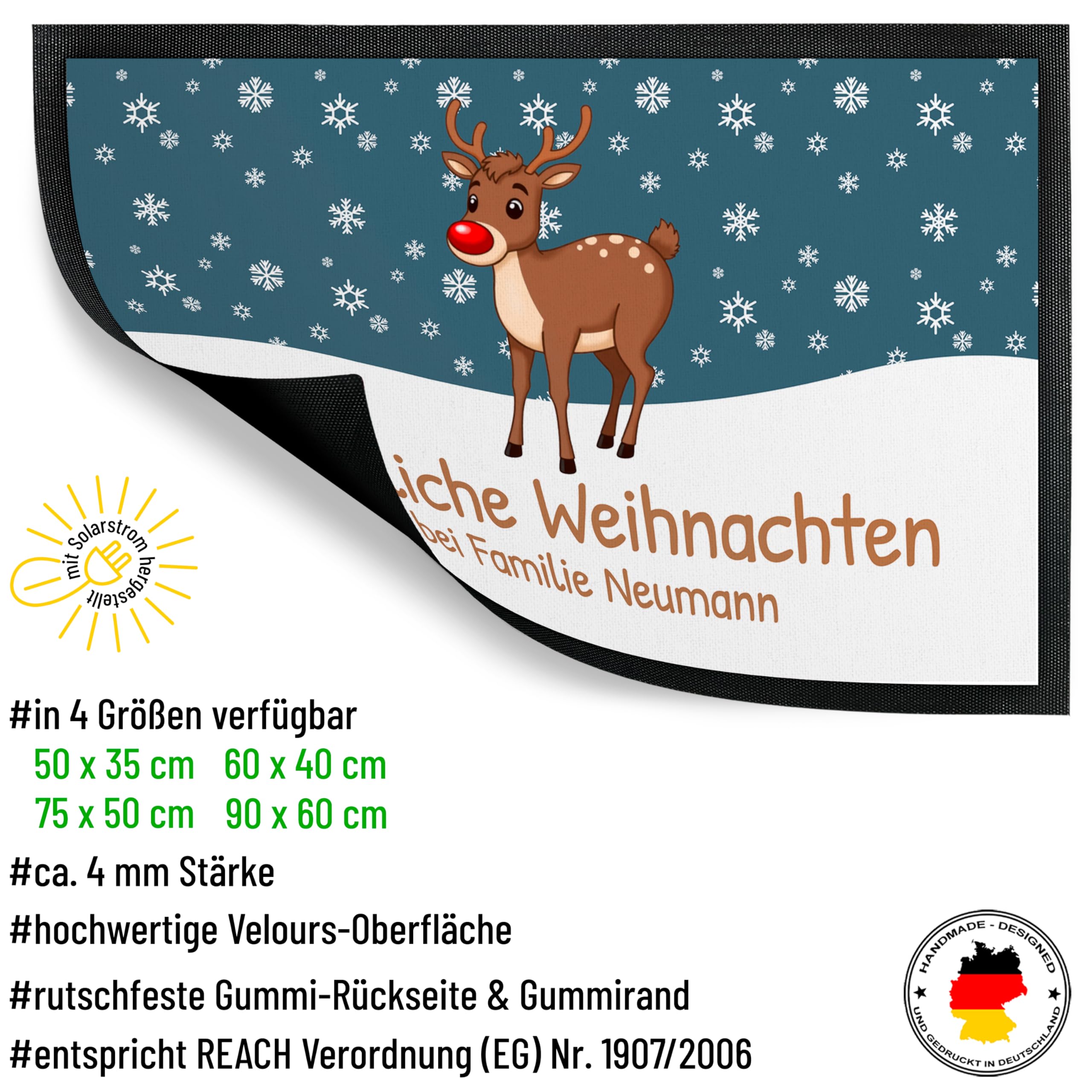 Fußmatte „Fröhliche Weihnachten“ mit Rentier-Motiv - für Innen & Außen – rutschfest, dünn & saugfähig - Türmatte - Eingangsbereich Deko - Geschenk für die Adventszeit oder zu Weihnachten, 60 x 90 cm