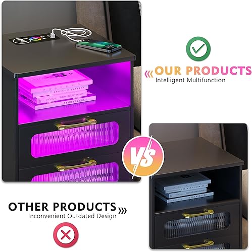 Miniatura 7 de Mesita de noche RGB con estación de carga inalámbrica, 7 modos dinámicos y 7 modos estáticos, mesita de noche regulable, moderna mesita de noche