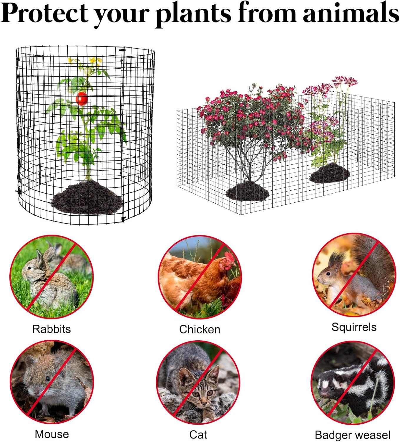 15 Pack Round Plant Protector from Animals, 12'' x 12'' Metal Plant Cages，45Pcs Metal Mesh to Keep Animals Out, Garden Protection Bunny Barricades, Wire Plant Protectors for Rabbits Chicken Duck