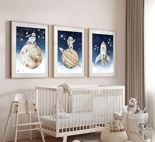 Miniatura 2 de 3 piezas de lienzo para habitación del bebé, arte de pared, póster de astronauta, impresiones de acuarela, astronautas espaciales, obras de arte