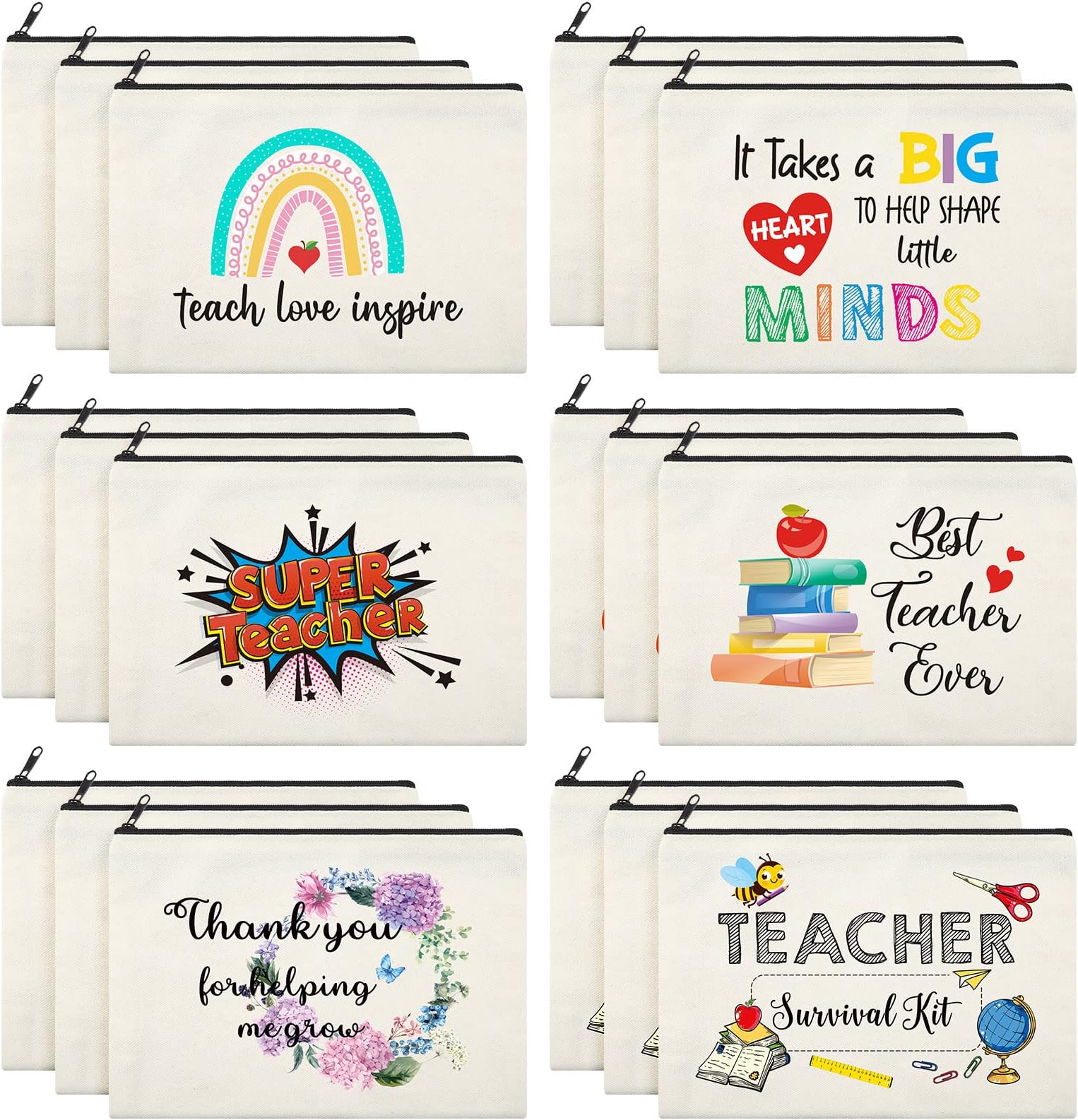 Saintrygo 18 Pcs Teacher Makeup Bags Teacher Appreciation Gifts Bulk for Women 6 Styles Teacher Canvas Travel Toiletry with Zipper for Teacher's Day Graduation Back to School Christmas(Cute)