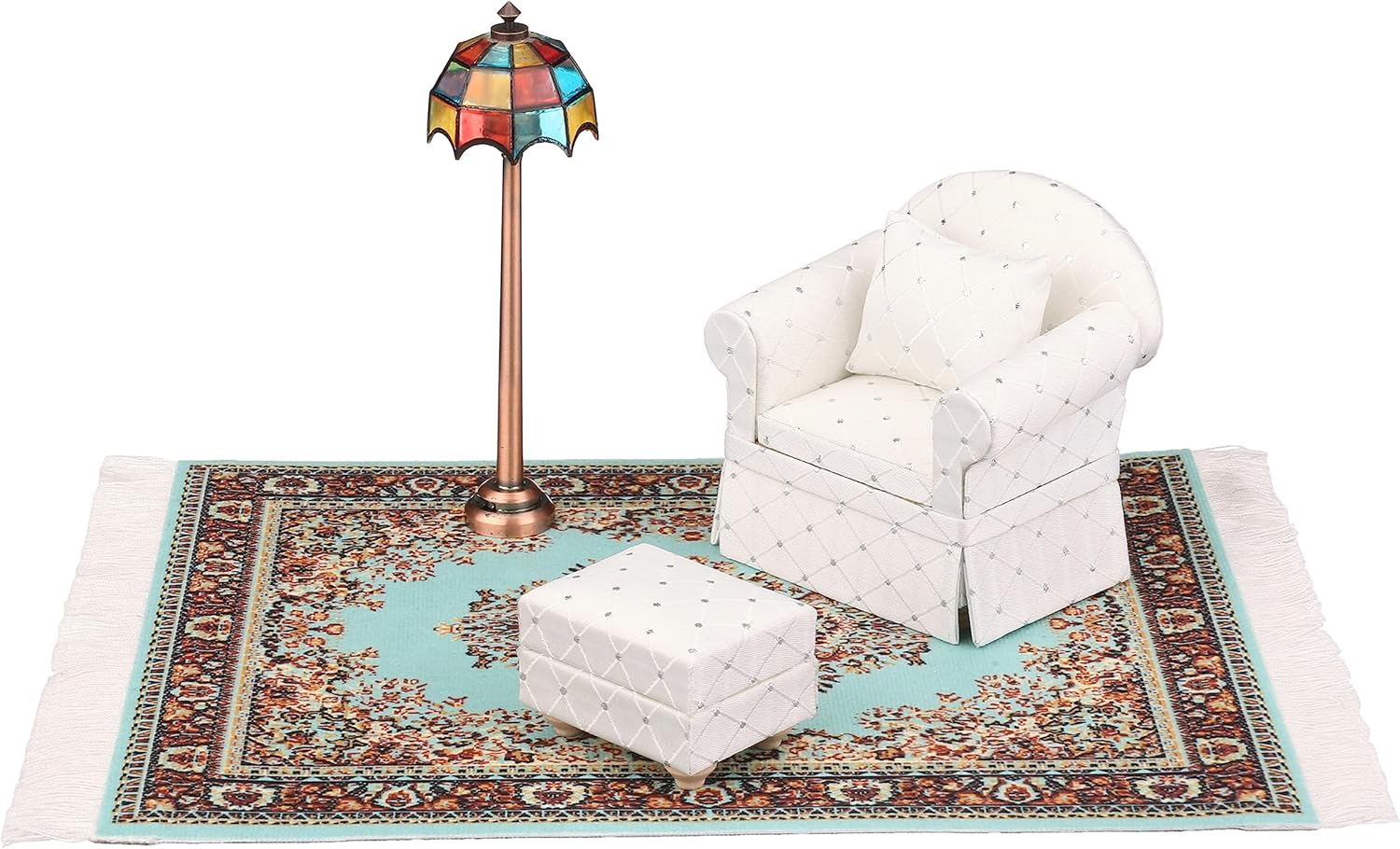 Inusitus White Dollhouse Armchair with Ottoman, Mini Living Room Sofa Chair, Furniture Accessory for 6 Inch Dolls, 1:12 Scale, Handmade Upholstered with Throw Pillow