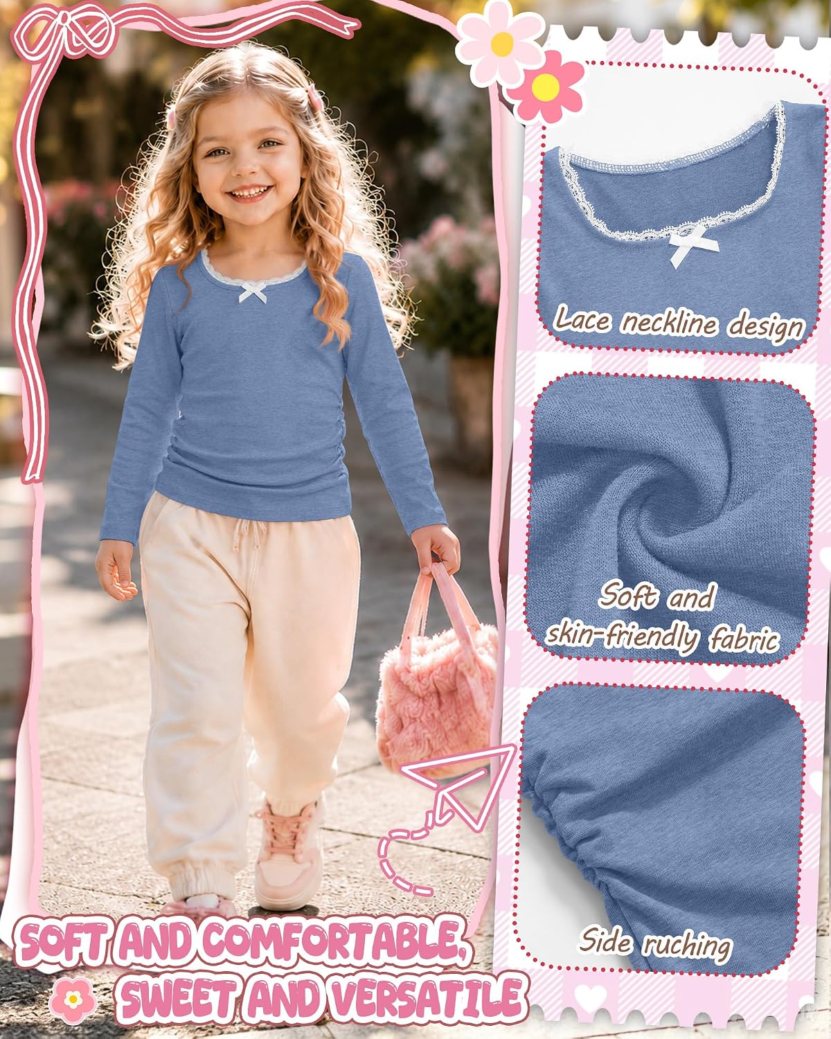 3 Pack Toddler Girls Long Sleeve Shirts Lace Trim Bow U Neck Tops for Baby Girl Ruched Side Slim Fit Fall Tee 18M-5T