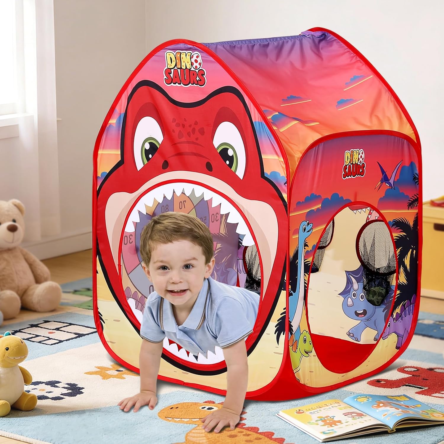 Dinosaur Kid Play Tent Pop up Tent Play Tunnel Indoor and Outdoor Playhouse for Kid Beanbag Toss Game for Team Competition for boy with Tote Bag（Dinosaurs）