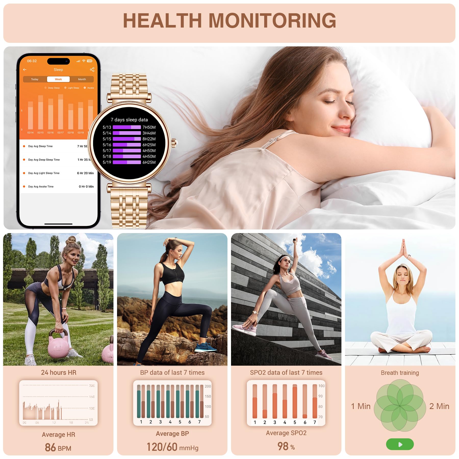 Smartwatch Donna con Effettua/Risposta Chiamate, 1,27" Orologio Digitale Fitness, 120+ Sportive Contapassi/Cronometro, Sonno/Cardiofrequenzimetro, Impermeabile IP67 Android/iOS Smart Watch