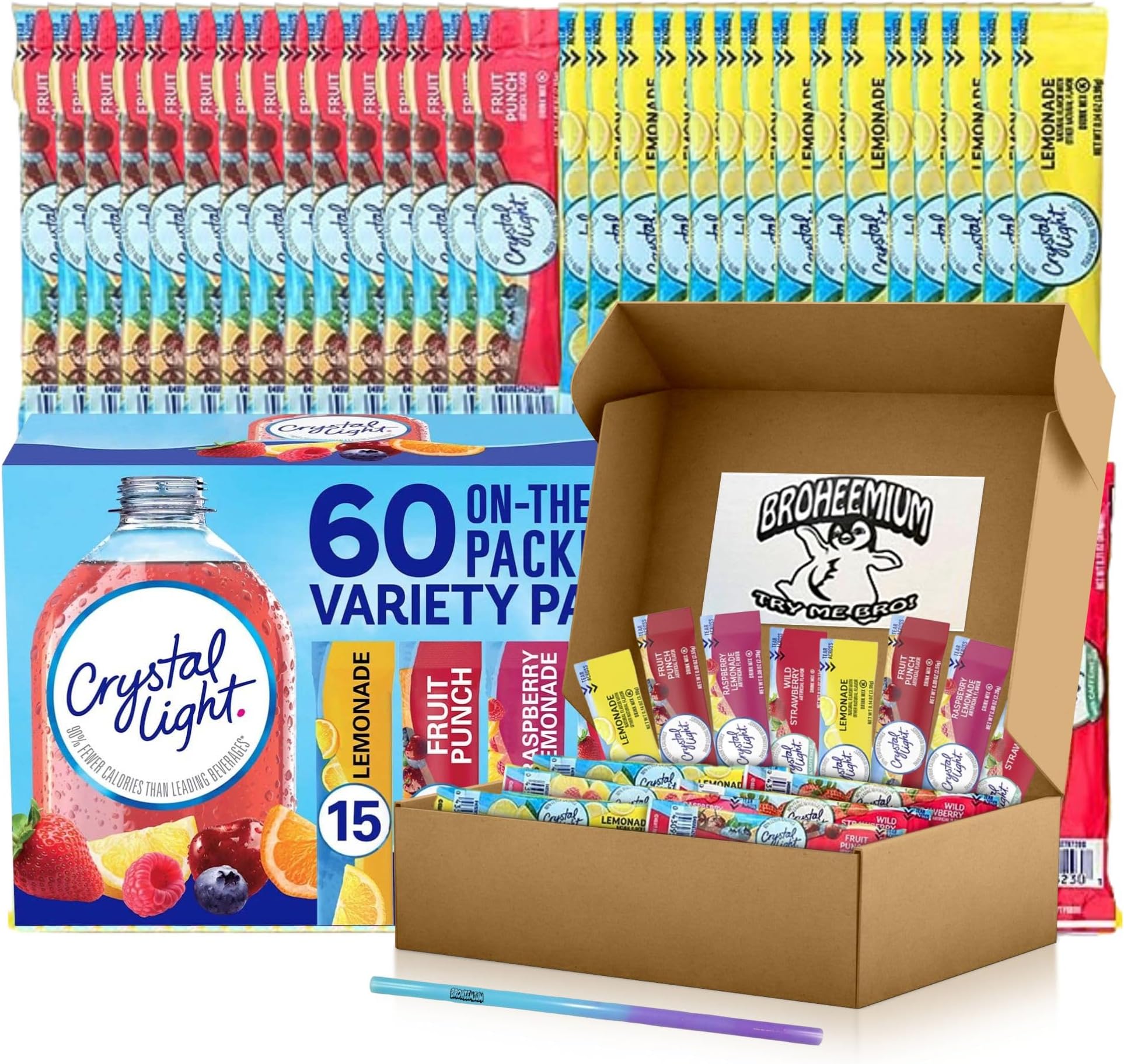 Crystal Light Variety Pack 60 Flavored Drink Mix Packets in Lemonade Fruit Punch Raspberry Strawberry Flavors Bundles One Reusable Mood Straw Sugar-Free Hydration Anytime Anywhere!