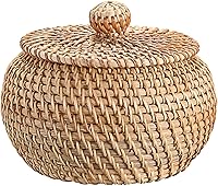 Hipiwe X-Small Round Rattan Basket with Lid - Hand-Woven Wicker Storage Bin for Keys, Snacks, Bread, 4.7"x3.3" Decorative Organizer