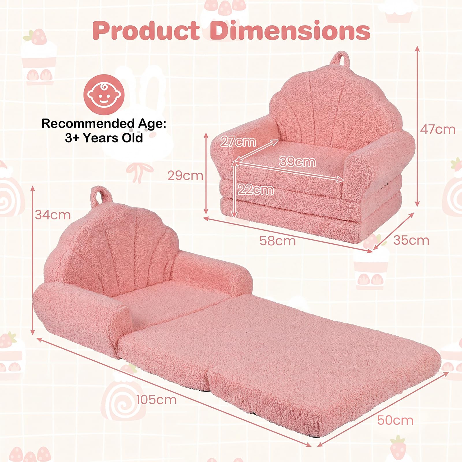 GOPLUS Canapé-Lit Enfant Pliable, Fauteuil Enfant Convertible en Forme de Coquillage, avec Accoudoirs, Poignée, Fauteuil Bebe Doux en Polaire Teddy pour Chambre Salle de Jeux (Rose)