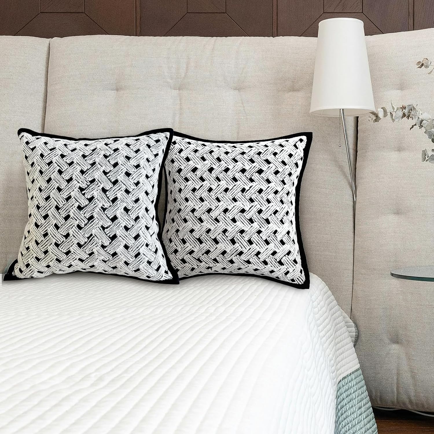 REPALY Throw Pillow Covers 18x18, 2 Pcs Decorative Pillow Covers, Farmhouse Couch Pillow Covers, Black and White Pillow Covers, Aquare Sofa Pillow Covers, Neutral Cushion Pillow Cases (Black)