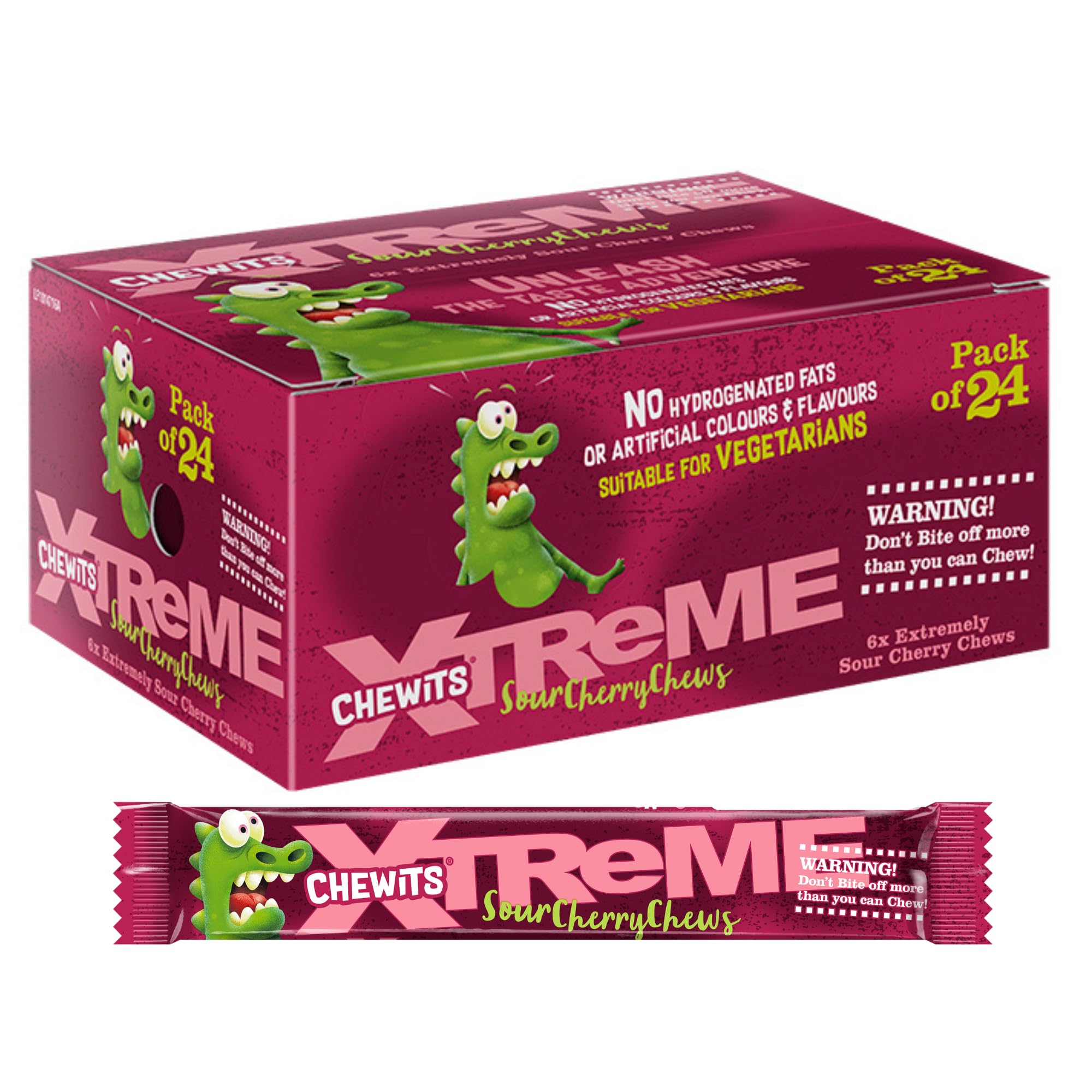 Chewits Xtreme Cherry Sour Flavour Chewy Sweets 24 Sticks, Vegetarian