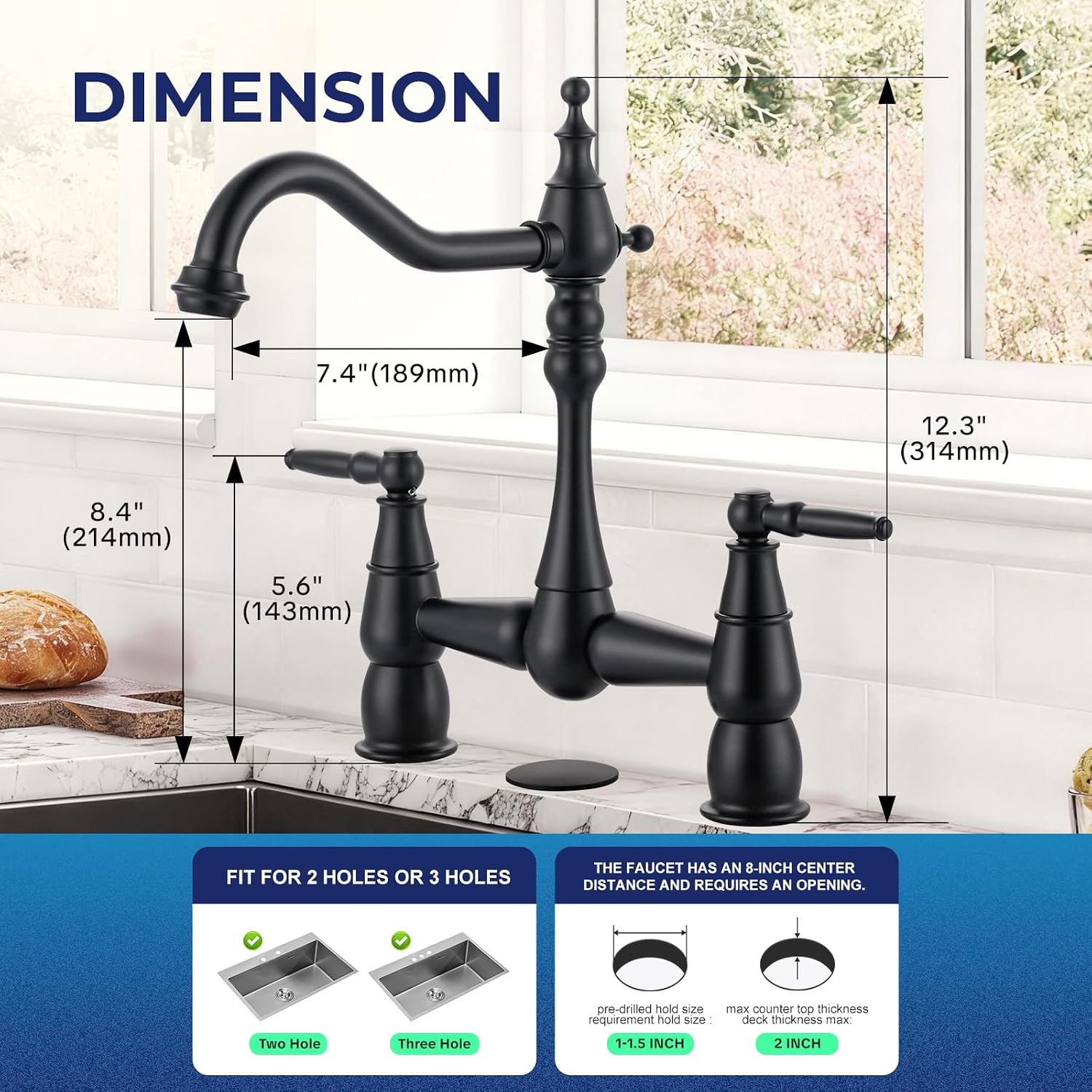 Bridge Centerset Kitchen Faucet for Sink, Deck Mount Brass Vintage Farmhouse Kitchen Faucet, 2 Handle 2 Hole 360 Degree Swivel Copper Faucet, Matte Black