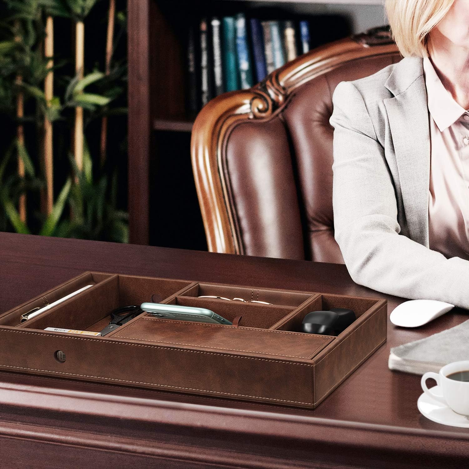 SITHON Valet Tray Desktop Organizer - 8 Compartments Catchall EDC Tray PU Leather Bedside Vanity Nightstand Caddy Coin Box Key Jewelry Storage Organizer, Brown