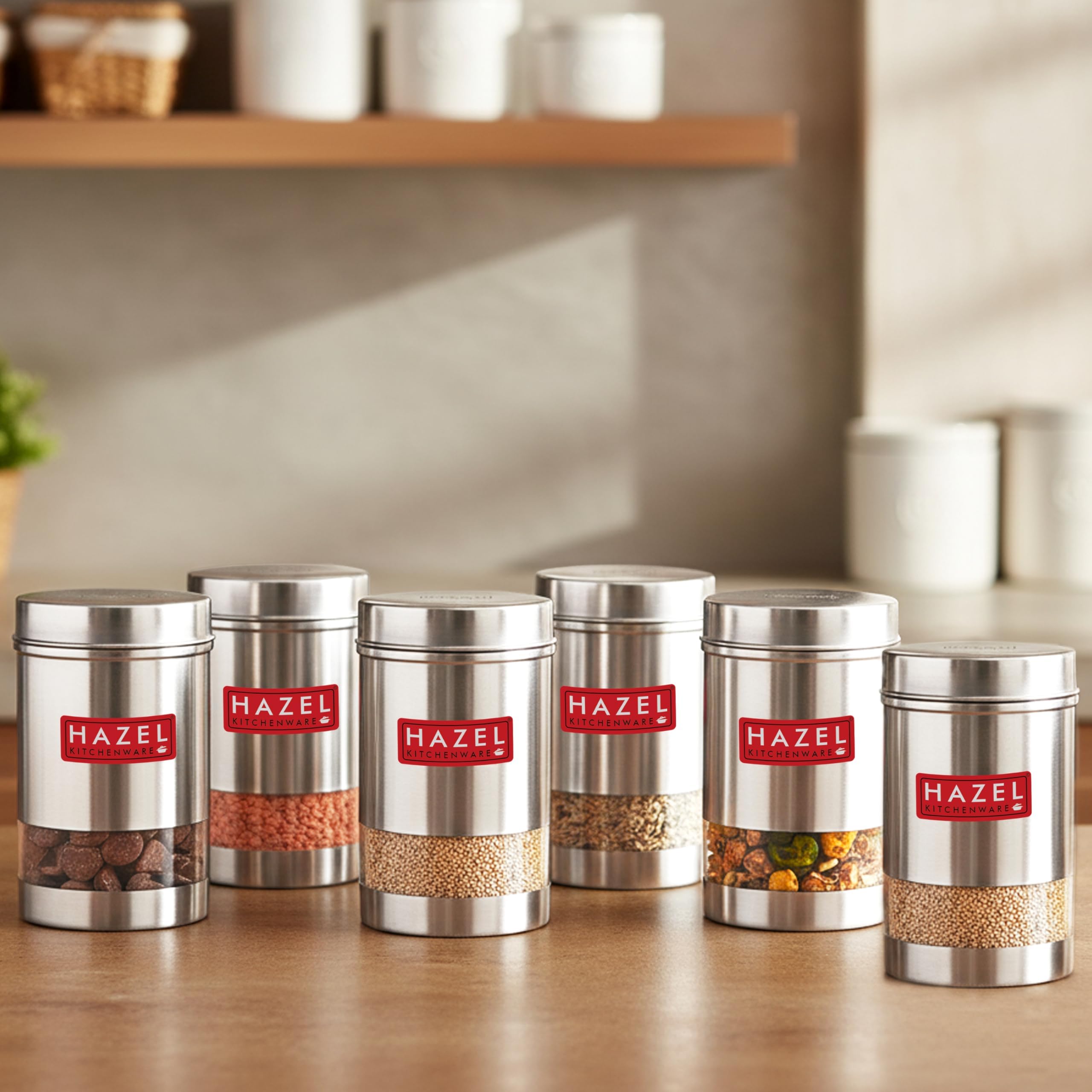 - HAZEL Stainless Steel Transparent Glossy Finish See Through Container, 1700 ml, Set of 6