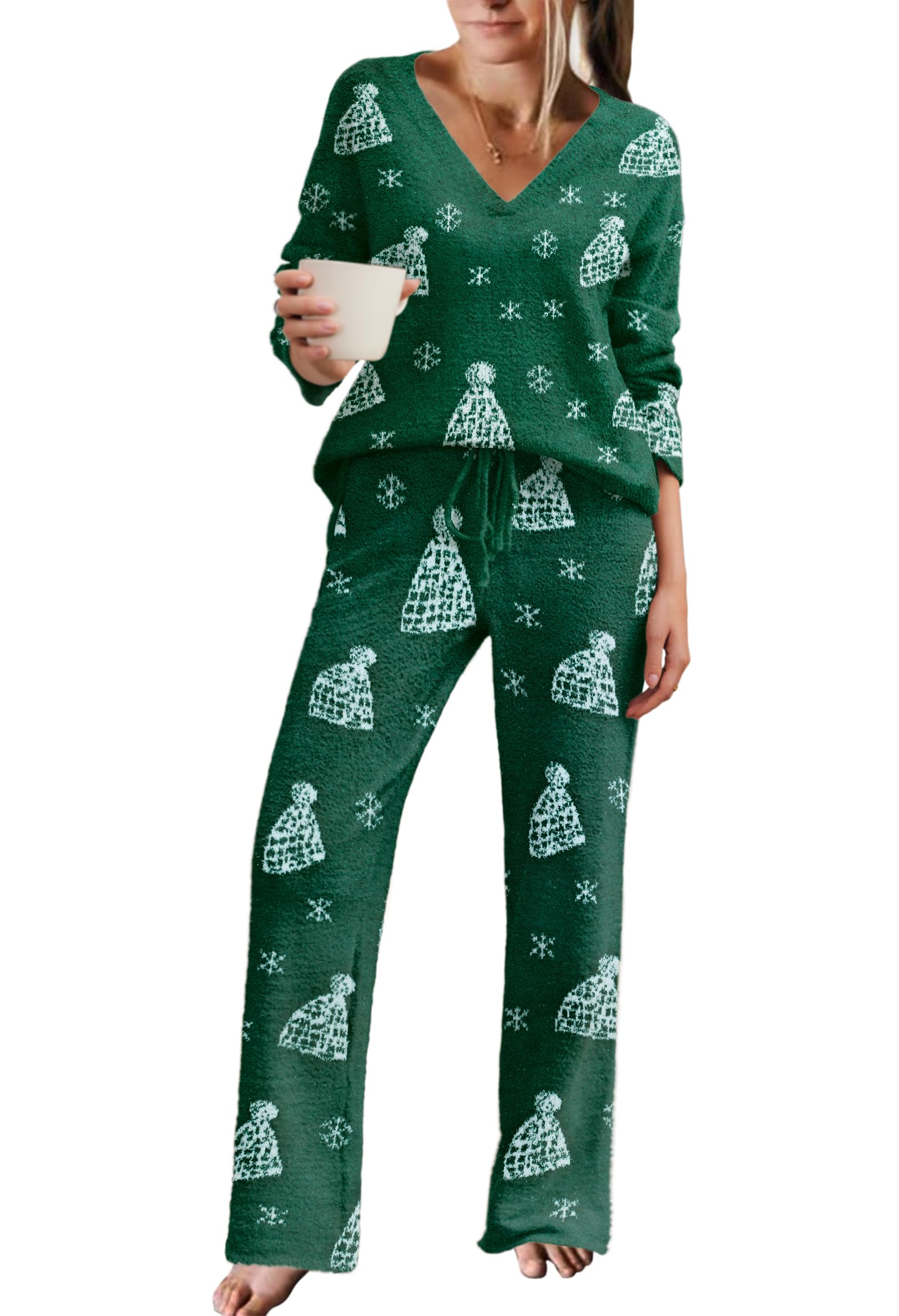 Ekouaer Womens Pajama Sets Fuzzy Fleece Sleepwear Long Sleeve Pjs | Fall Outfits,Sweater Nightwear,V Neck,Pants,2 Piece Matching Set,Ideal for Home Relaxation,Party,Cozy Loungewear