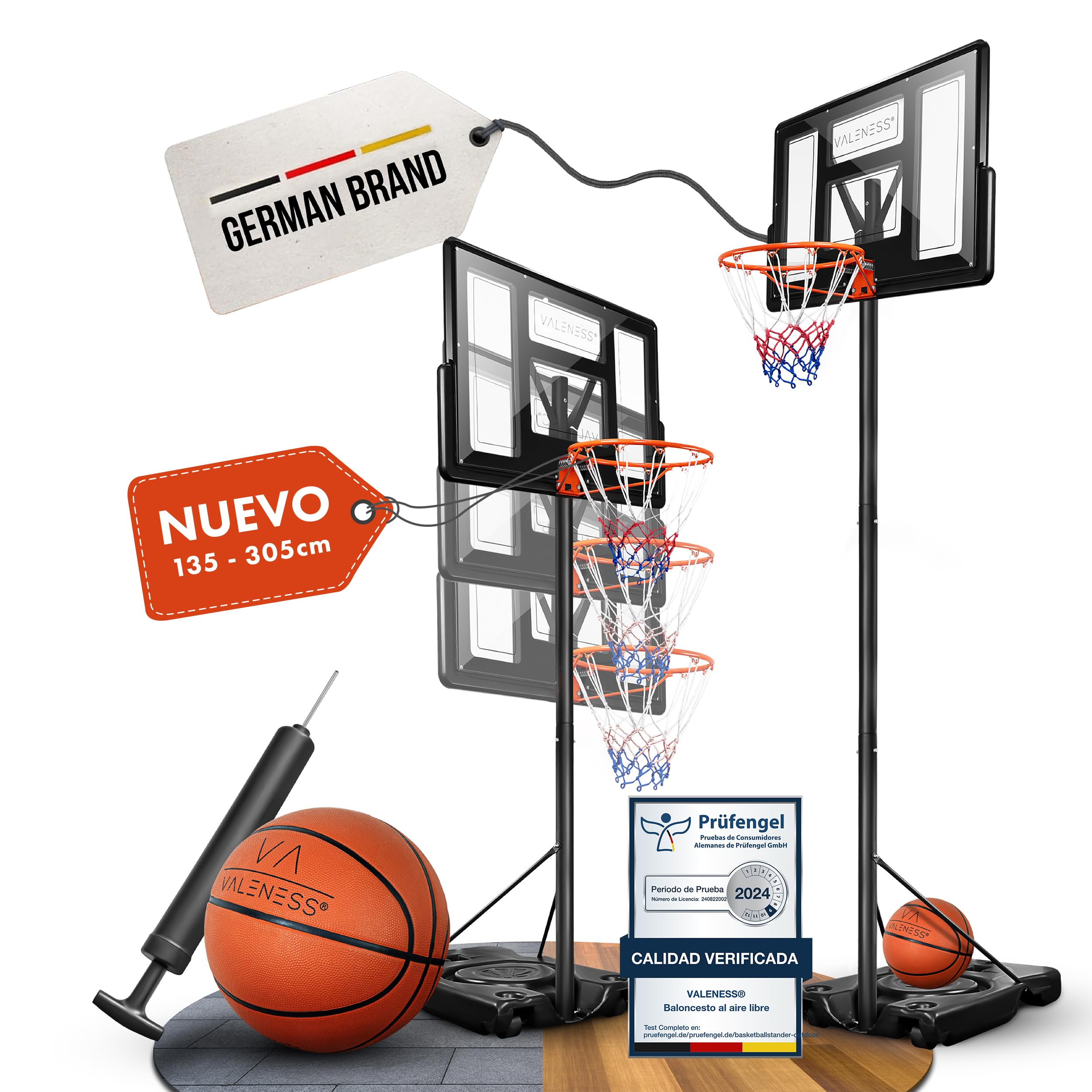 Aro de Baloncesto para Exterior - Soporte Ajustable en Altura [135 a 305 cm] y Resistente a la Intemperie - Aro Profesional con balón y Bomba para niños y Adultos (Profesional 135–305 cm)