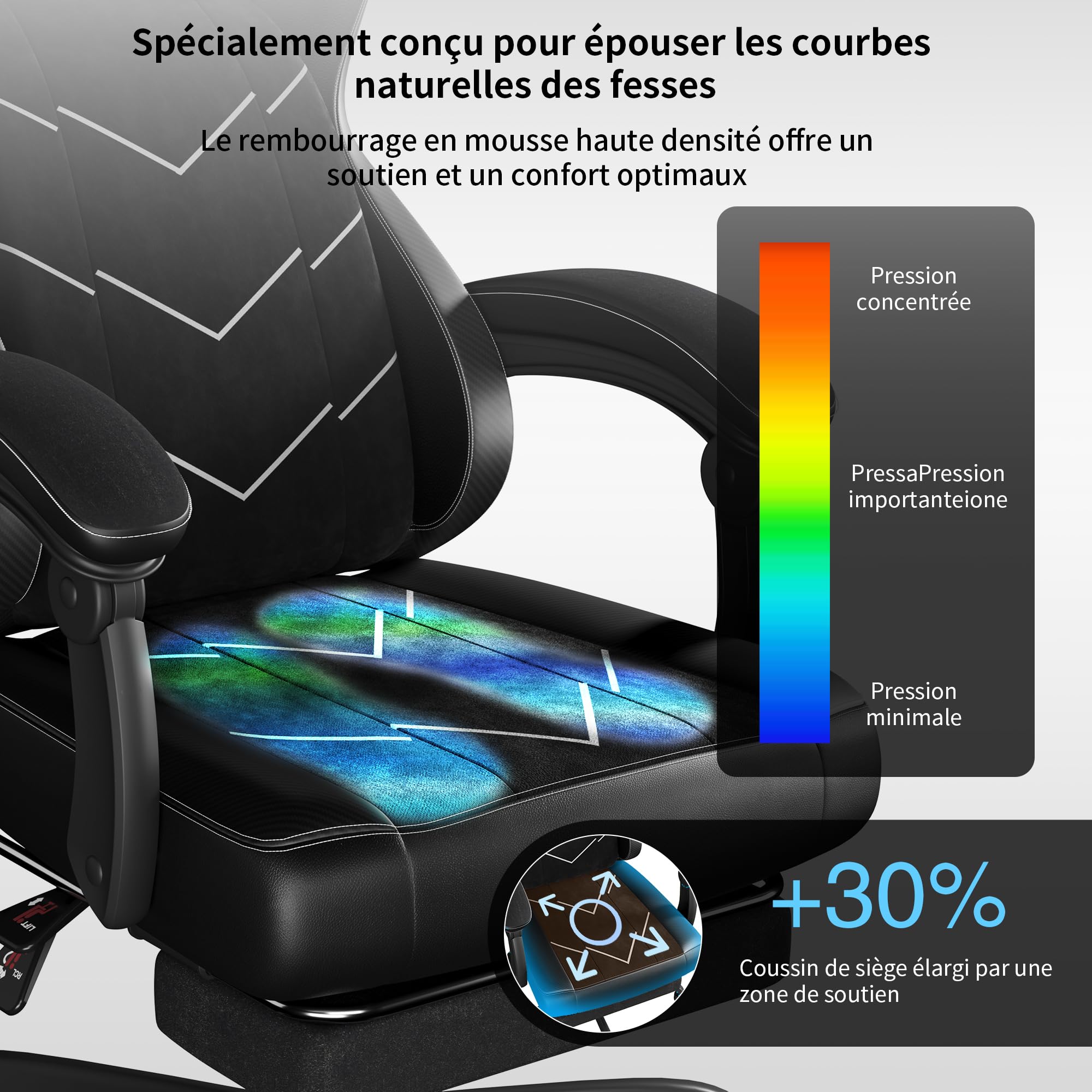 JUMMICO Chaise de Bureau Ergonomique avec Soutien Lombaire Dynamique & Repose-Pieds, Fauteuil Gaming pour Confort à Long Terme, Tissu Respirant pour Home Office, Noir