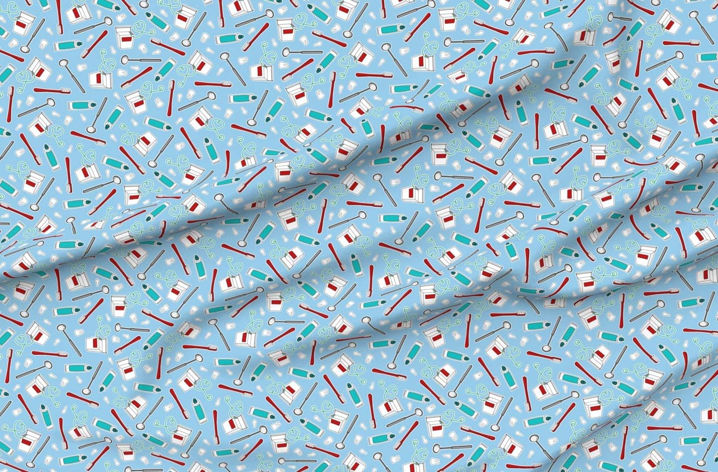Spoonflower Fabric - Cute Dentist Dental Print Blue School Dentistry Teeth Tooth Toothbrush Printed on Organic Cotton Sateen Fabric by The Yard - Sewing Quilting Apparel Home Decor