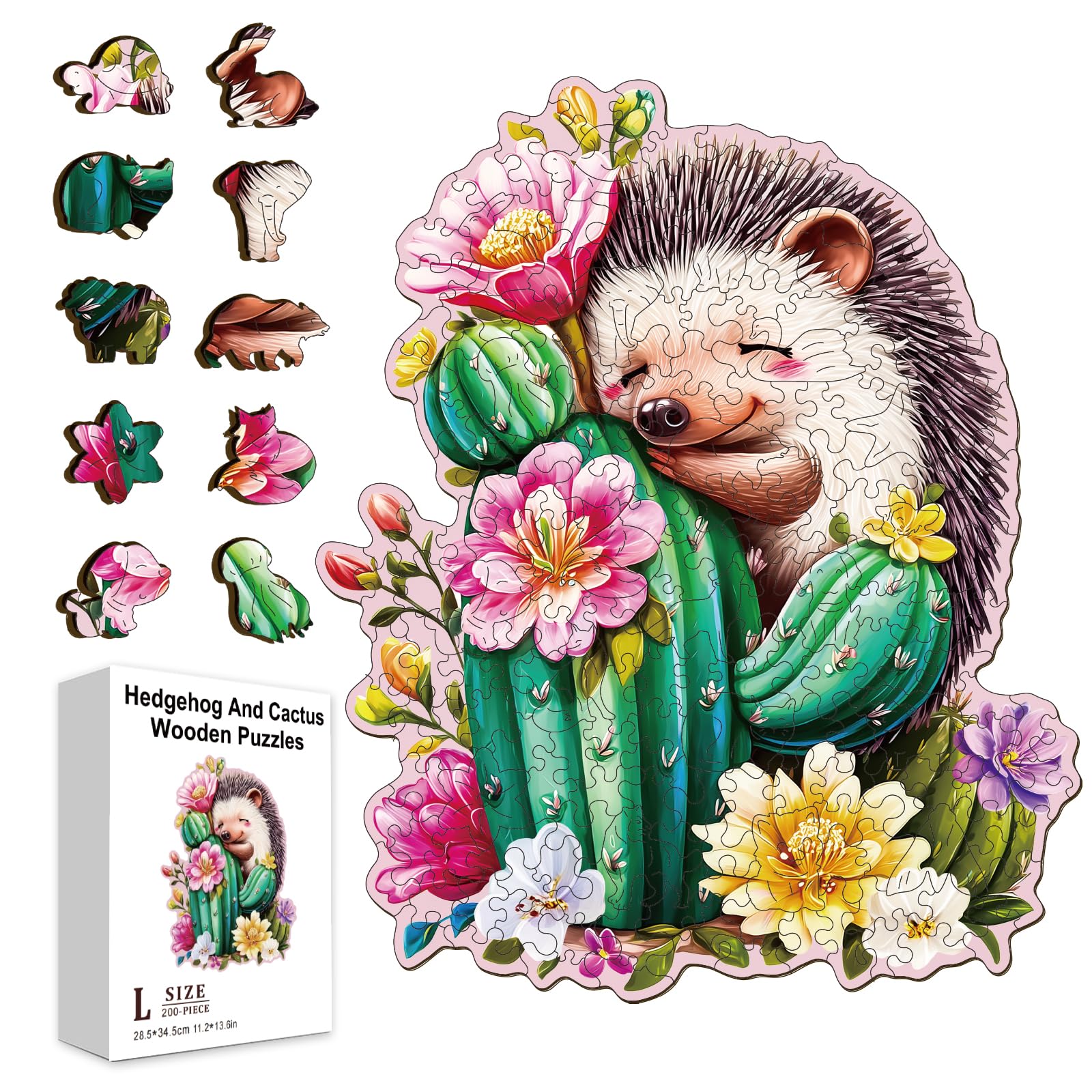 GLOBLELAND 200 Pièces Puzzle en Bois Motif Hérisson Cactus Succulents pour Adultes 13.6x11.2pouces Mignon Hérisson Coloré Unique en Forme d'animal Puzzles pour Fêtes Anniversaires Cadeaux