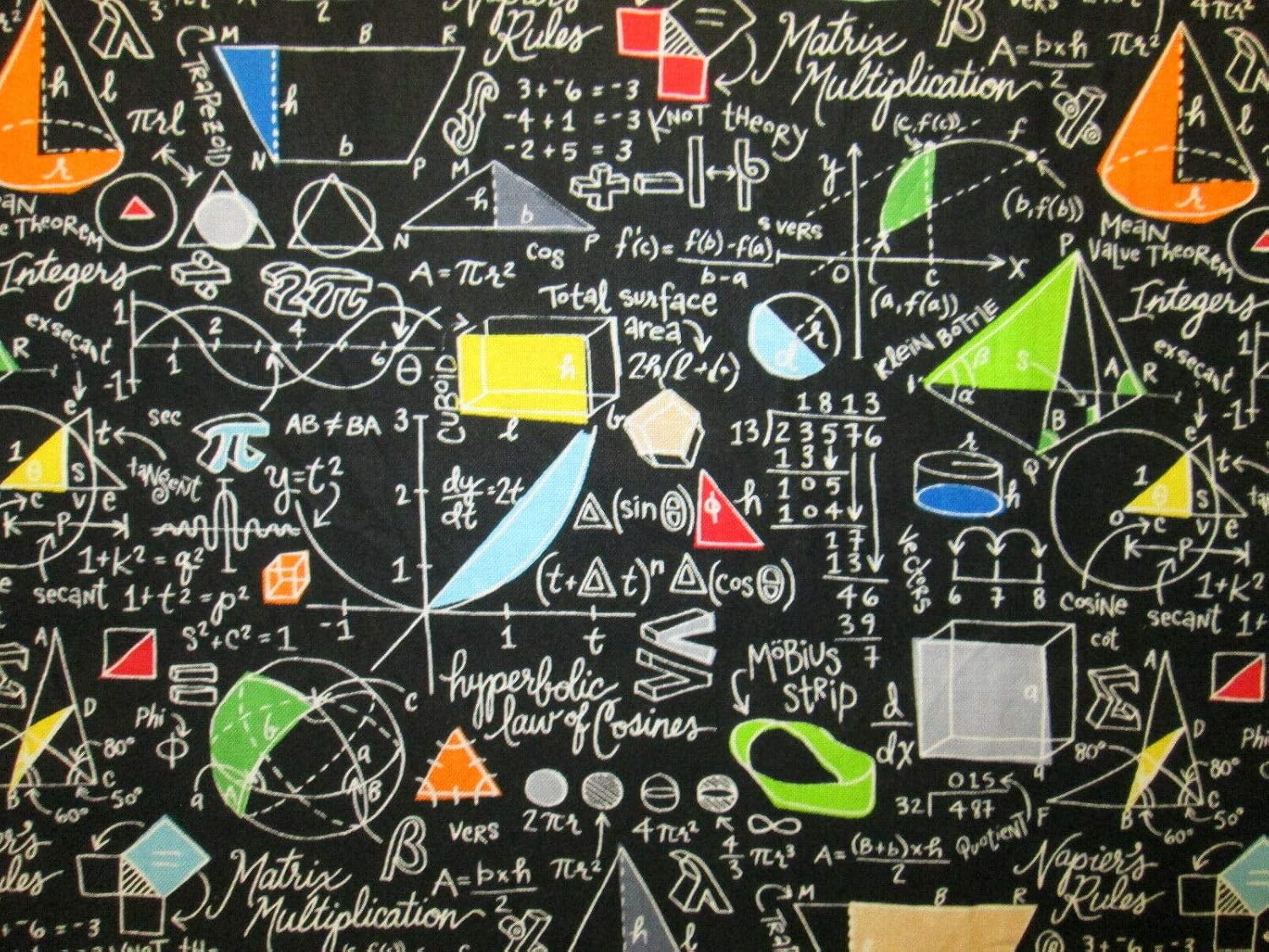 Fat Quarter (18 x 22) Math Equations Colors Black Cotton Fabric FQ