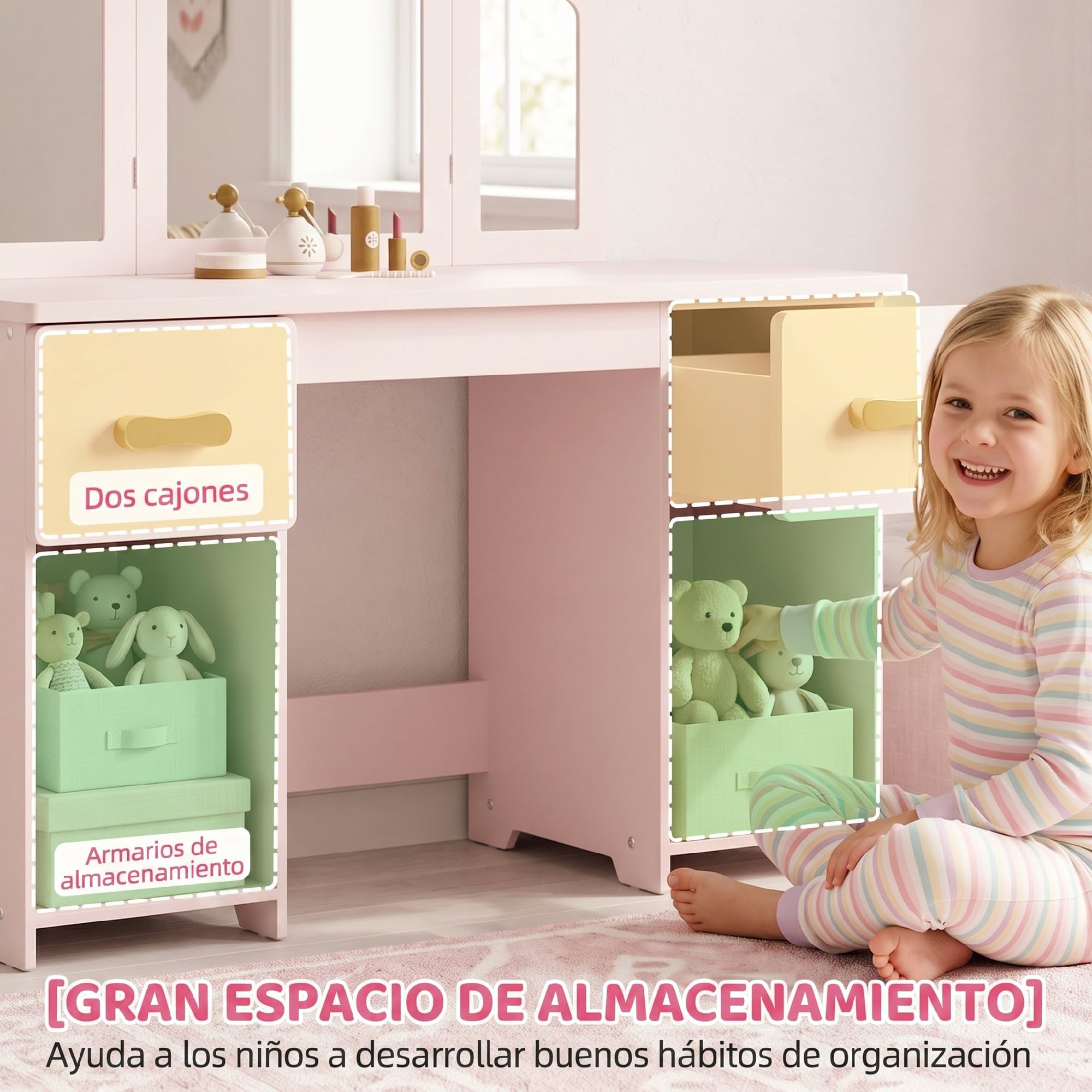 AIYAPLAY Tocador para Niñas 2 en 1 con Taburete a Partir de 3 Años Rosa