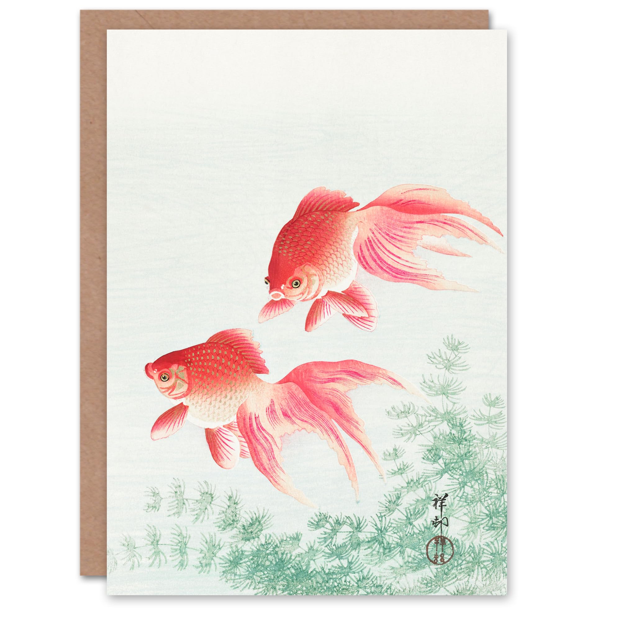 Artery8 Ohara Koson Japanese Art Card Two Veiltail Goldfish in Pond