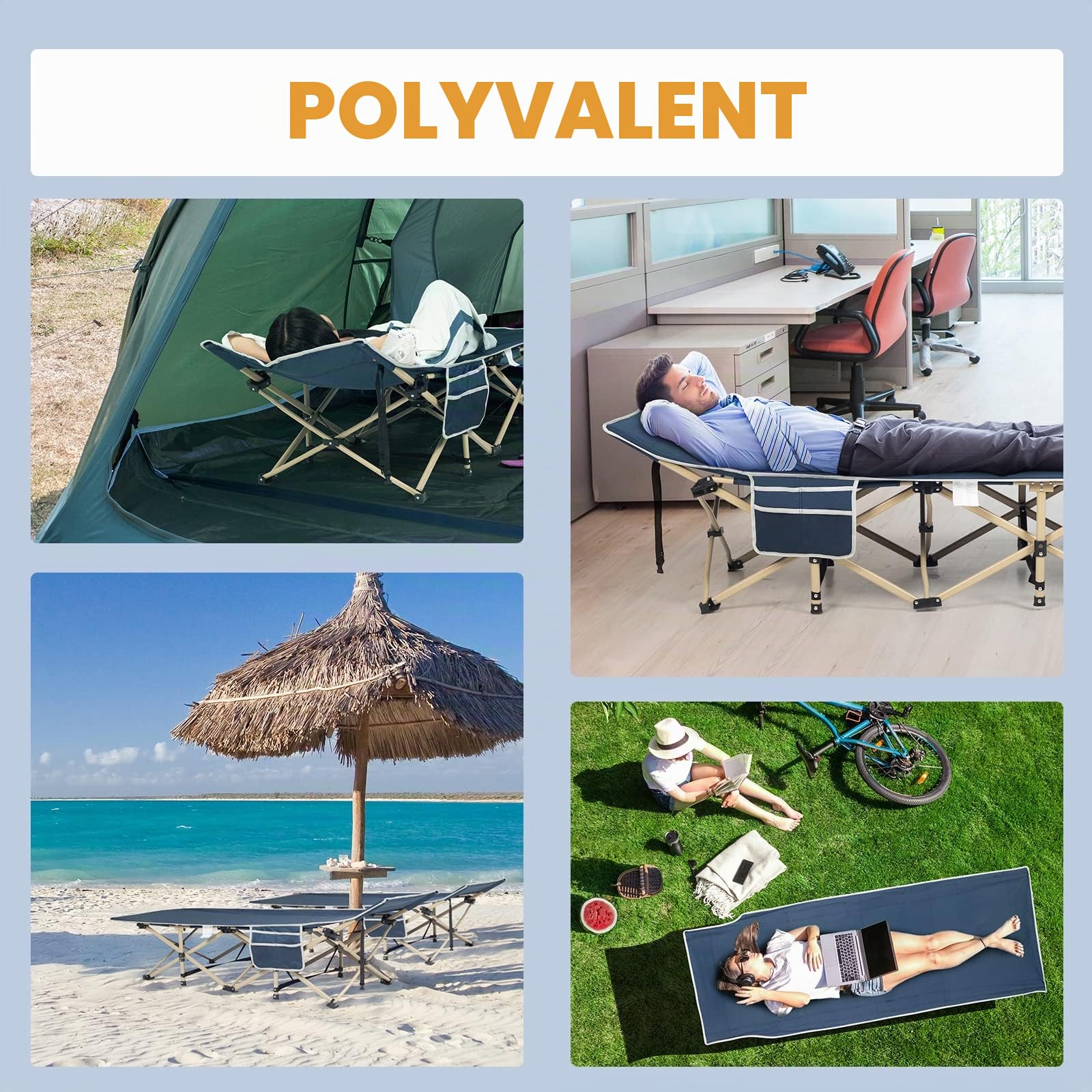 OVERMONT Lit de Camping Pliable - Lit de Tente avec Sac de Transport, Lit de Voyage Portable en Toile Oxford à Double Couche, Léger, pour la Maison, la Sieste au Bureau Jardin la Plage - Bleu