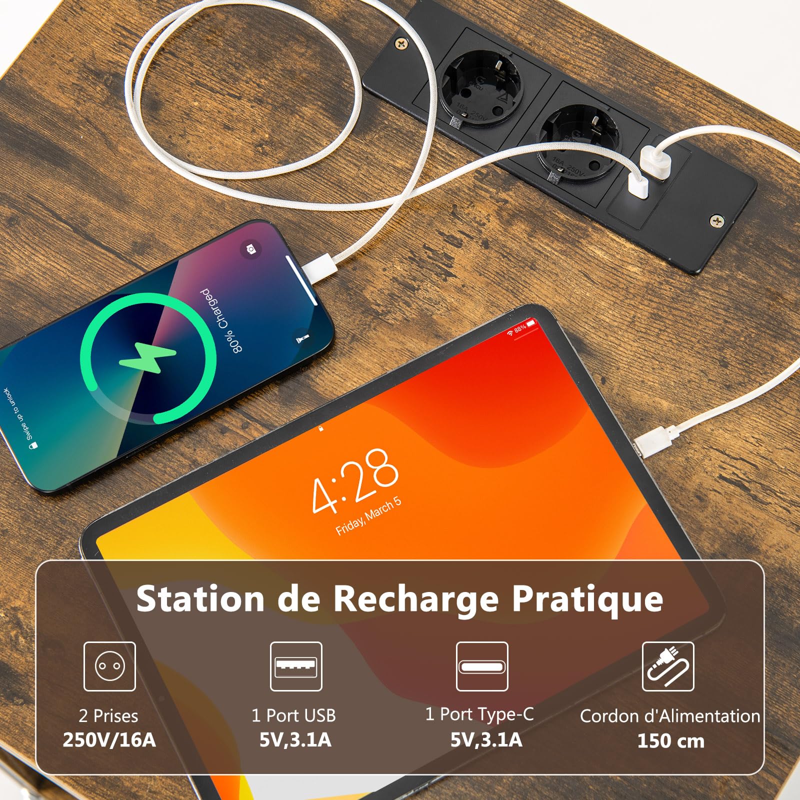 GOPLUS Meuble Platine Vinyle avec Station de Charge Intégrée, 2 Prises AC, 1 USB, et 1 Type-C, Support pour Tourne-Disque, 2 Roues Verrouillables, Style Industriel pour Vinyles et CD, 50x45x82cm