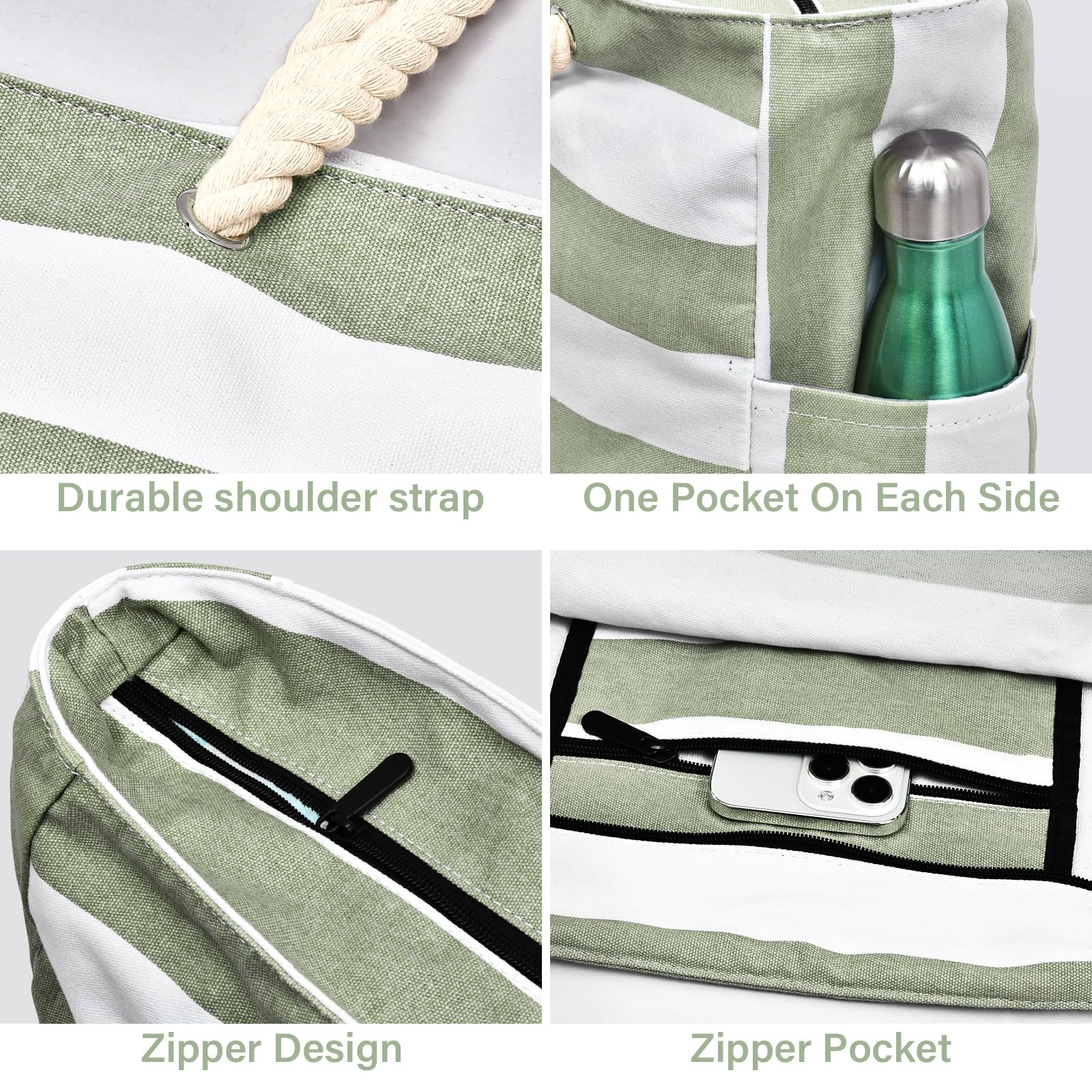 oscaurt Beach Bags for Women, Pool Bag Waterproof Sandproof Beach Bag Large Capacity Beach Swim Bag with Zipper Stripe Beach Bag Tote, verde