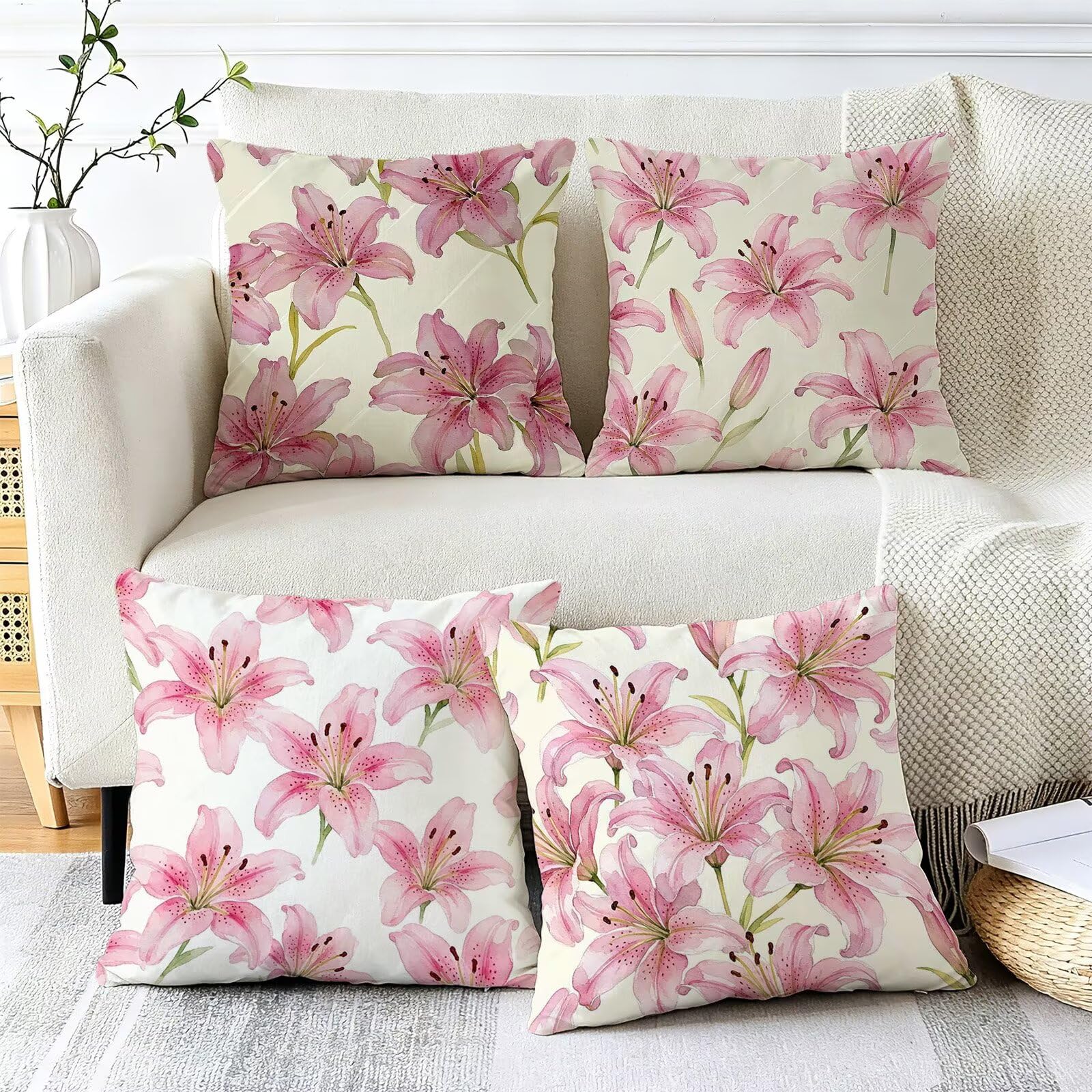 Rosa Federe Cuscini Divano 65x65cm, Cuscini da Esterno Set de 4, Cod-112 | Velour Copricuscini Decorativi Letto Arredo, per Letto, Soggiorno, Giardino, Esterno, Casa Decorazione Set di 4 Fiore