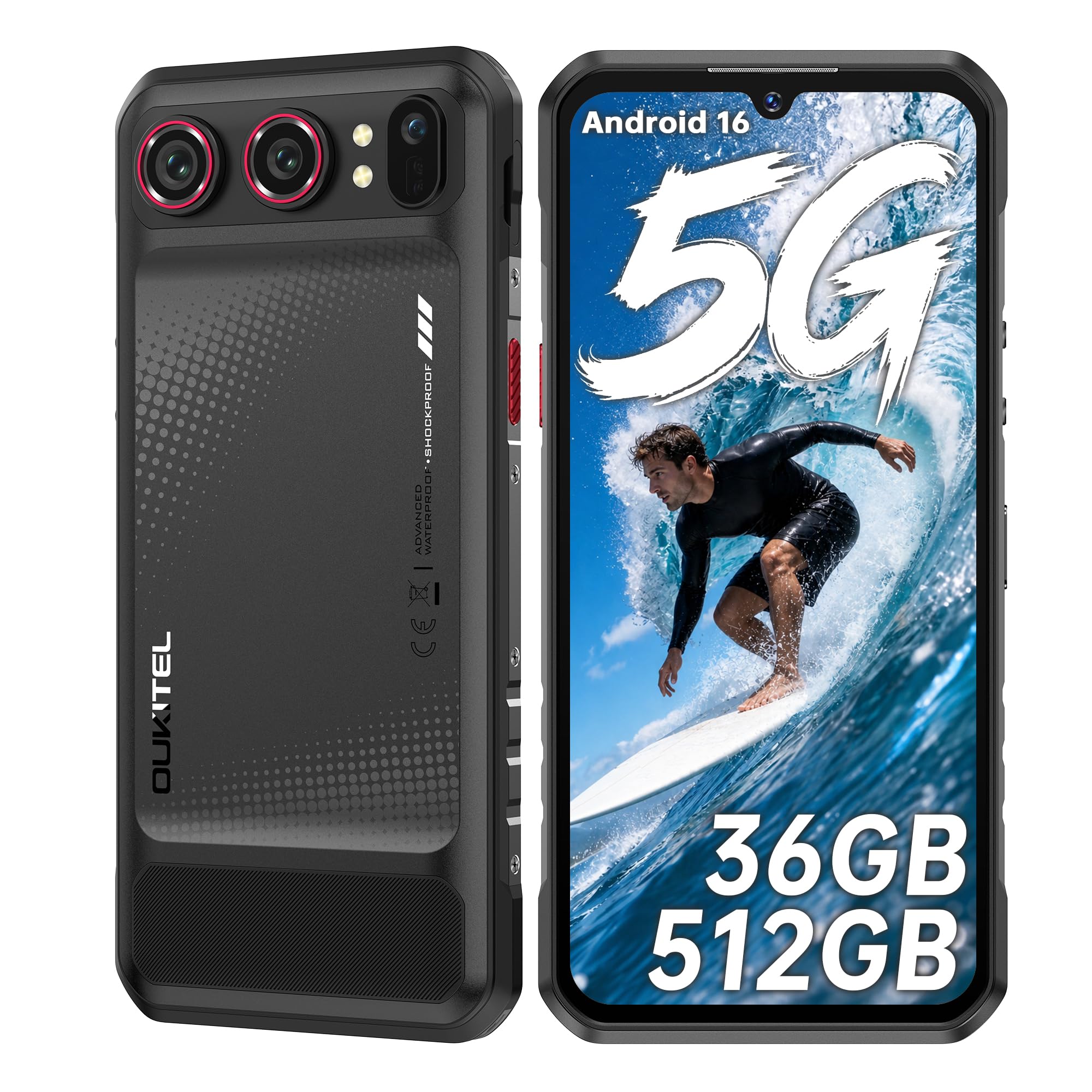 OUKITEL WP68 Air Smartphone Resistente 5G Android 16, 36GB + 512GB, Batería 8000 mAh, Pantalla 6,88" 120 Hz, Cámara 64 MP con 8 MP Visión Nocturna, Carga Rápida 45 W, NFC, Dual SIM, OTG, Negro