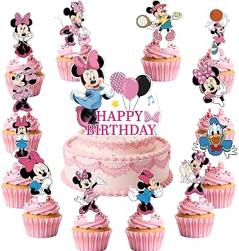 25Pcs Minnie Birthday Party Supplies Pack Includes 1 Cake Topper 24 Cupcake Toppers for Minnie Party Supplies