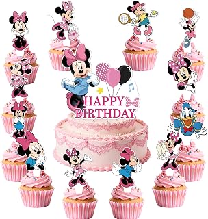 25Pcs Minnie Birthday Party Supplies Pack Includes 1 Cake Topper 24 Cupcake Toppers for Minnie Party Supplies