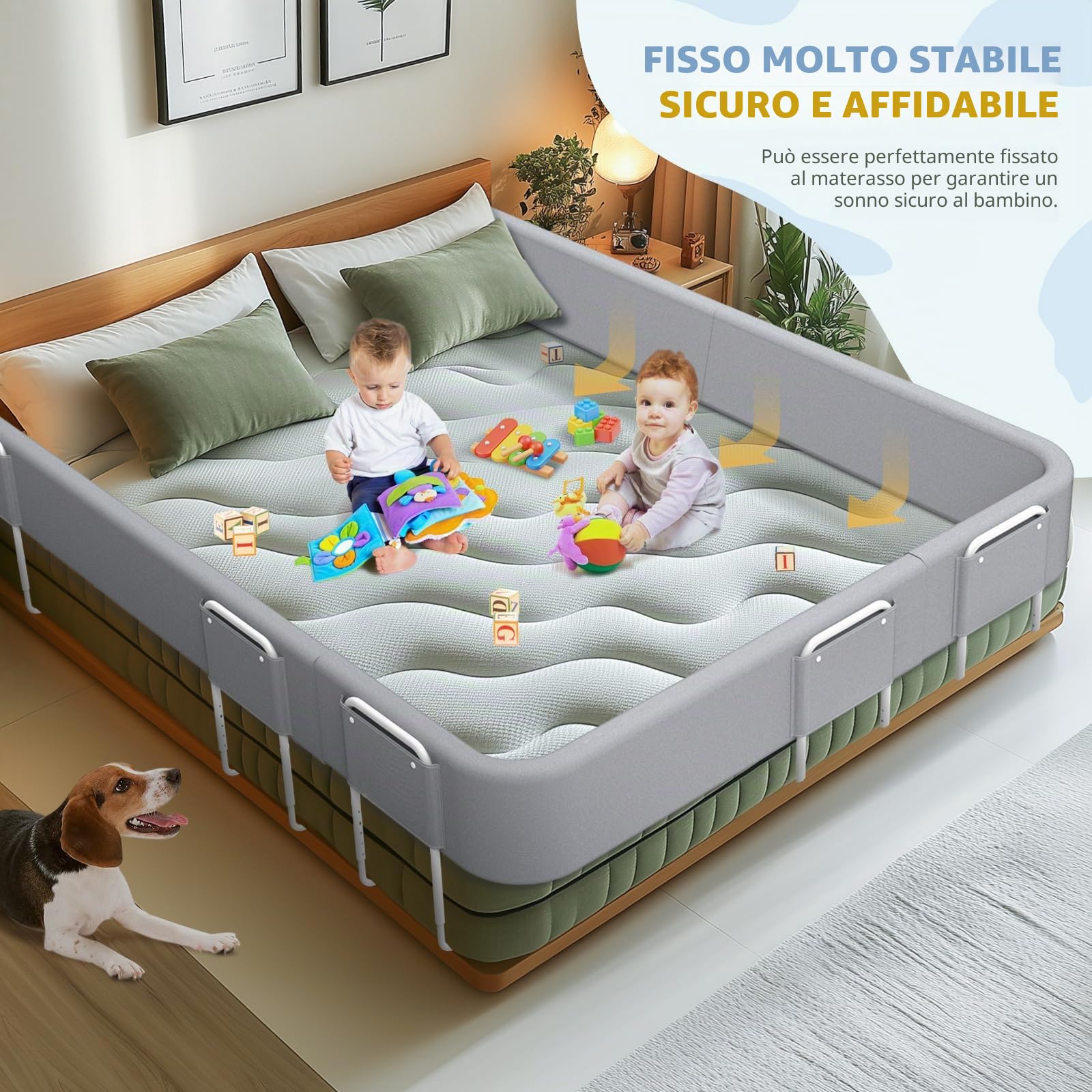 Sponde per letto bambini – Barriera letto sicurezza per bambini, protezione per letto matrimoniale e lettino, altezza regolabile 40-60 cm, rimovibile, portatile, grigio, 180cm