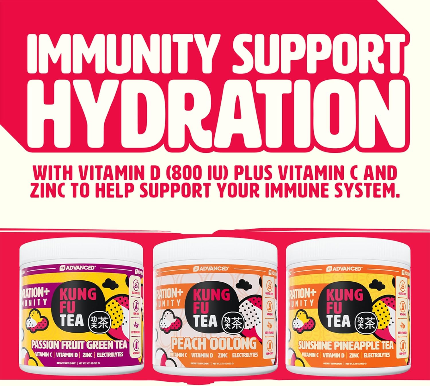 Advanced x Kung Fu Tea Hydration Powder + Immunity Support | Electrolyte Drink Mix with Vitamin C, Zinc, Vitamin D | Zero Sugar, Keto Friendly - (30 Servings, Sunshine Pineapple)