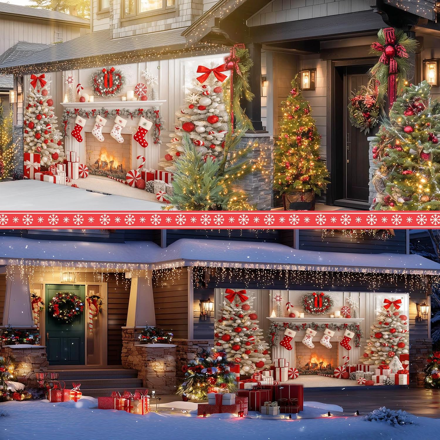 IVN Christmas Garage Door Banner 6x13 ft Candy Peppermint Gift Wrap with Red Bow and Snowflakes Backdrop Decorative Holiday Christmas Garage Door Cover Mural Seasonal Scene Decor