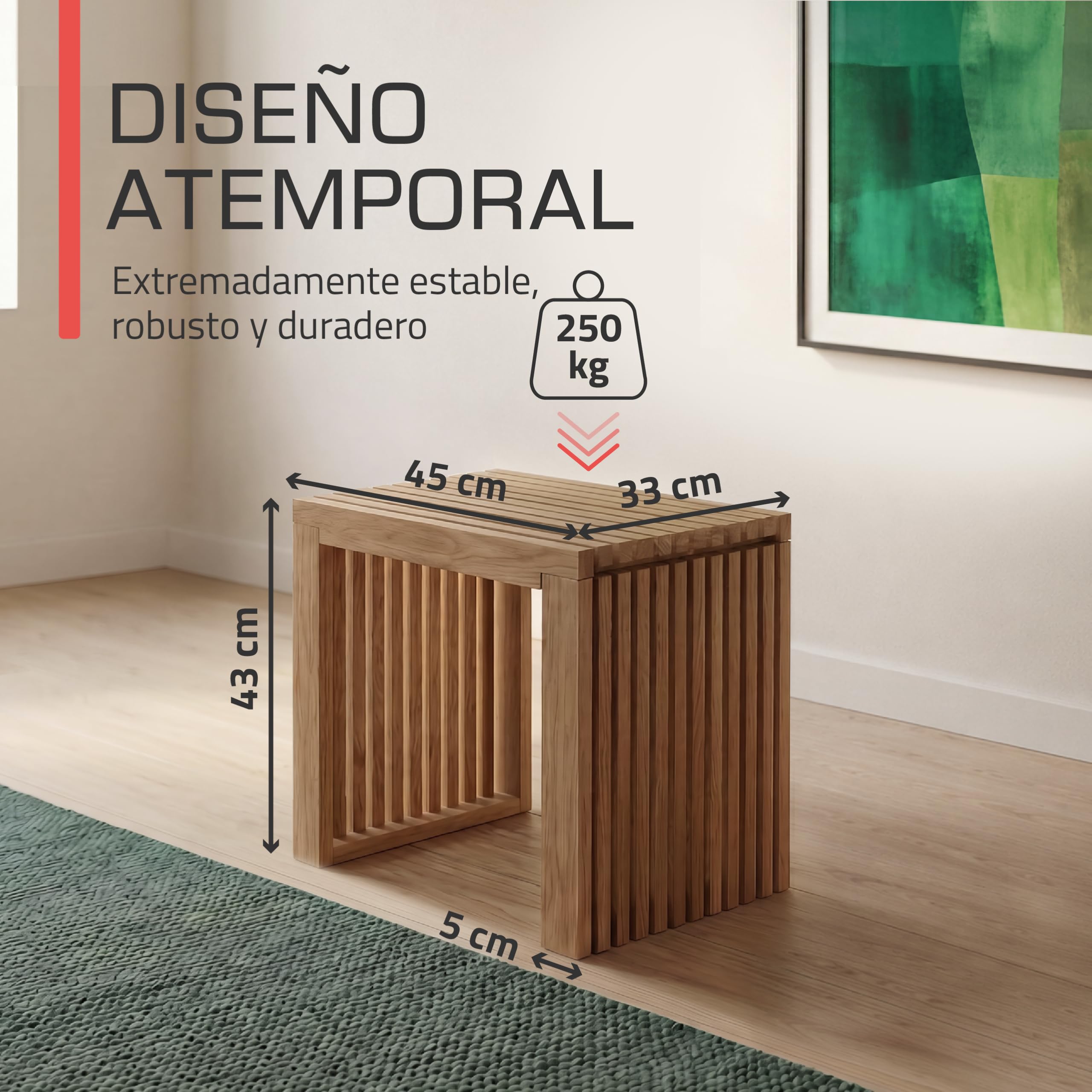 bomoe Taburete de Madera con Lamas Roble Macizo FSC® para Cocina y Baño | 45x33x43cm Estable Resistente Ideal para Recibidor Zapatero y Entrada banqueta Eichberg