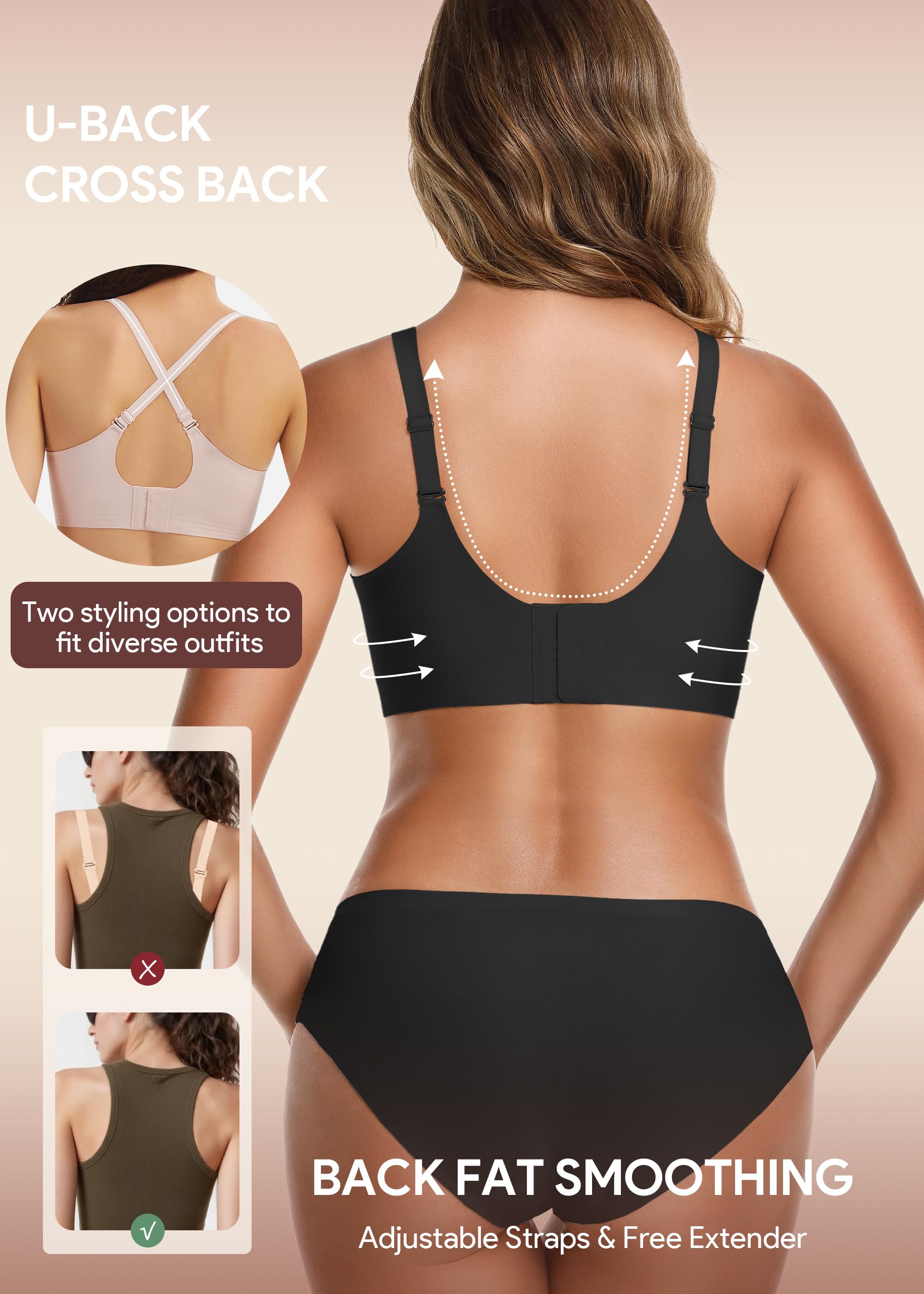 HBselect Damski biustonosz bez fiszbin z wygodnym biustonoszem Minimizer Bralette Biustonosz push-up damski bez szwu z dodatkowym przedłużeniem