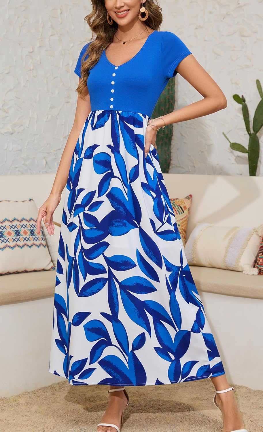 Kormei Women's Short Sleeve V Neck Button Loose Plain Maxi Dresses Casual Summer Tshirt Dress with Pockets - Image 2