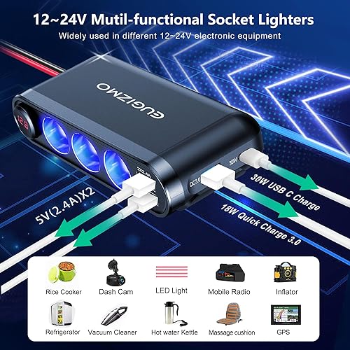 Miniatura 6 de Divisor de enchufe para encendedor de cigarrillos de 12 V, 200 W, 3 enchufes, adaptador de encendedor de cigarrillos para automóvil, divisor de