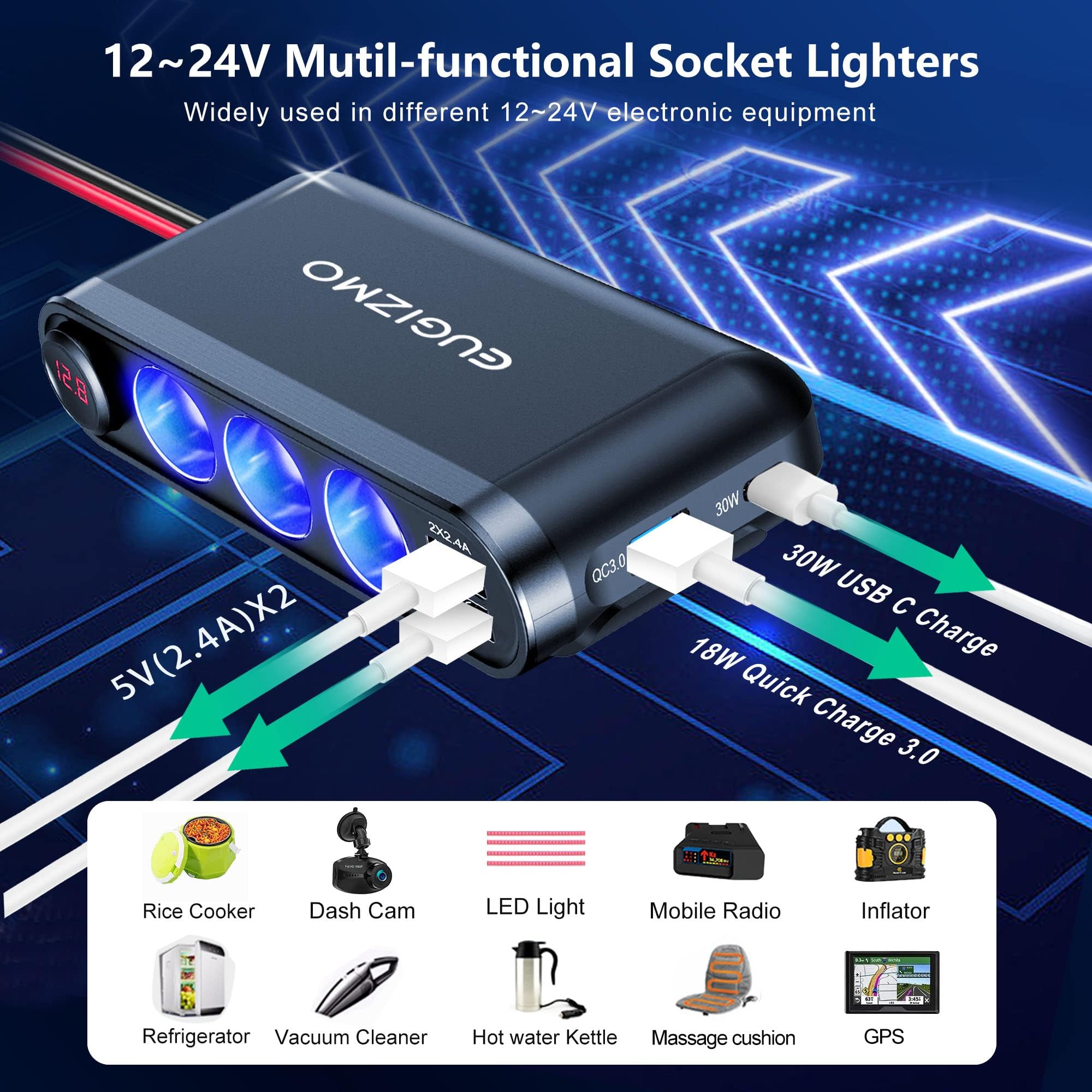 EUGIZMO Zigarettenanzünder-Splitter, 200 W, 3 Steckdosen, Kfz-Steckdose