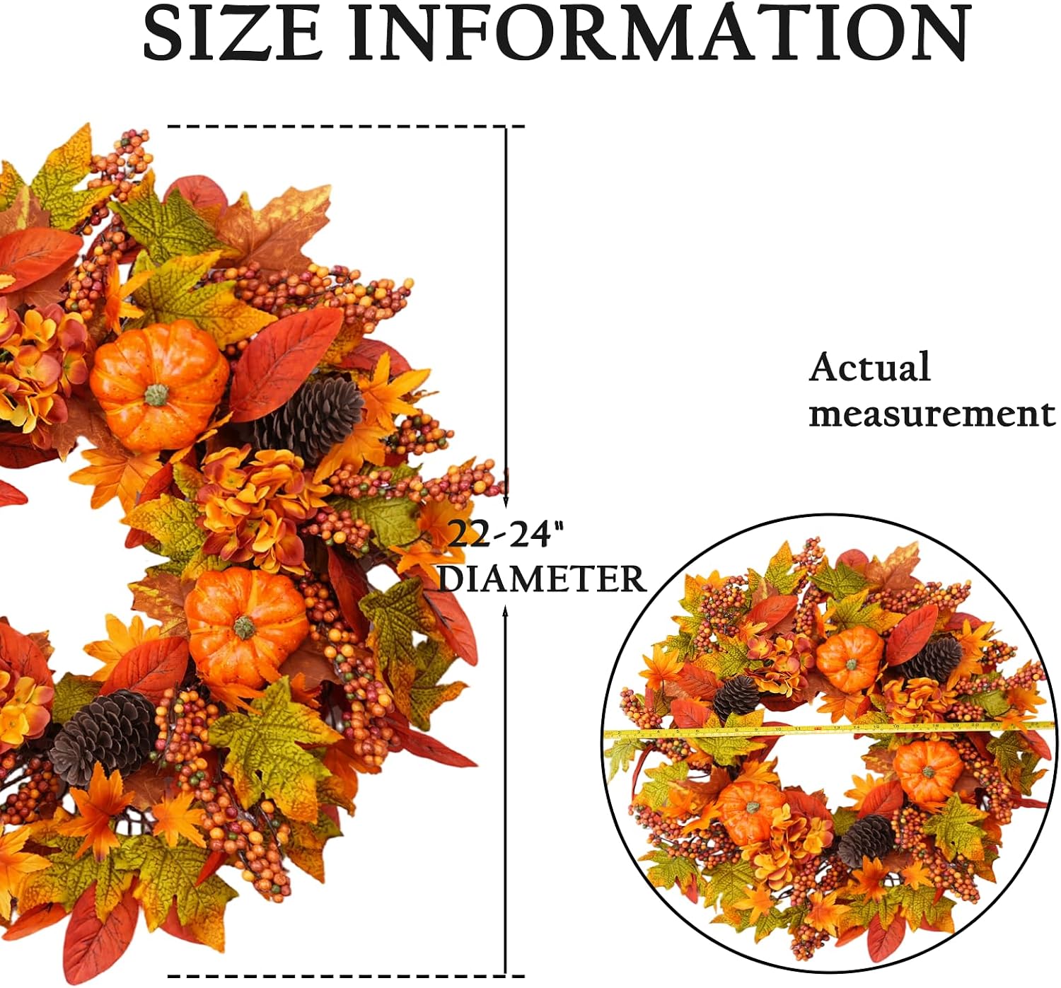 24 Inch Harvest Fall Wreath, Farmhouse Pumpkin Pinecone Autumn Wreath with Maple Leaves & Hydrangeas, Rustic Artificial Wreath for Front Porch Wall Window, Thanksgiving Home Decor