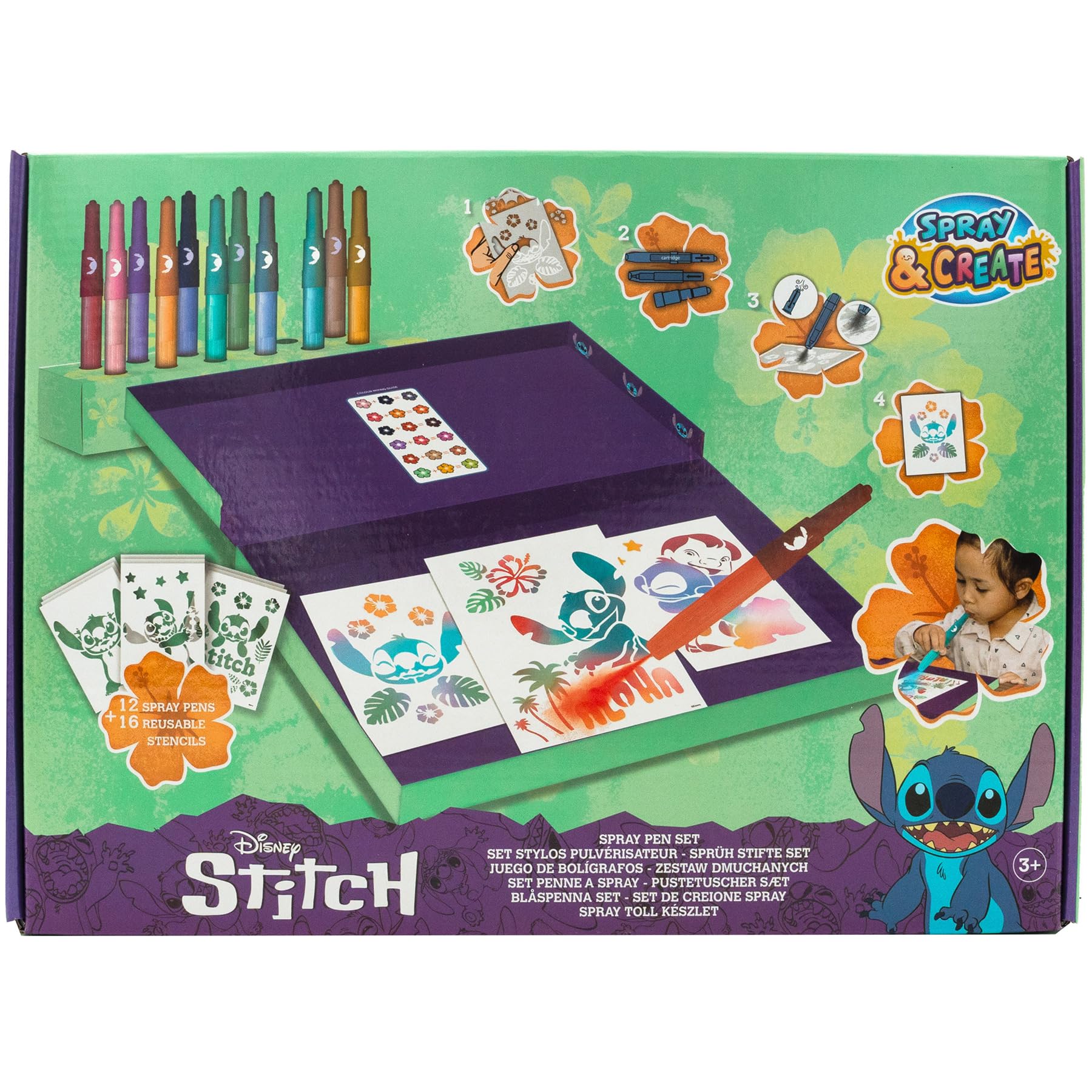 Disney - Lilo & Stitch - zestaw pisaków w sprayu na biurko - kredki dla dzieci - zestaw do malowania z kolorowymi kredkami i szablonami do malowania (ST23368)