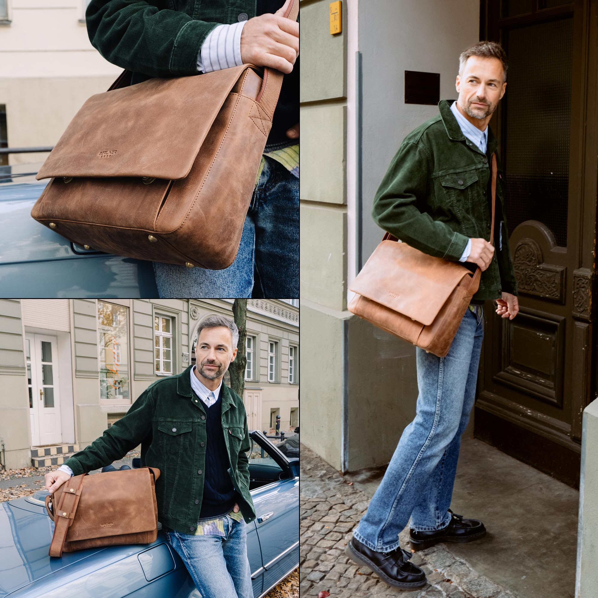 Berliner Bags Umhängetasche P-Berg Vintage, Messenger Bag aus Leder - Braun | Arbeitstasche & Umhängetasche für Herren, 17 Zoll Laptopfach & RFID-Schutz, verstellbarer Schulterriemen aus Echtleder