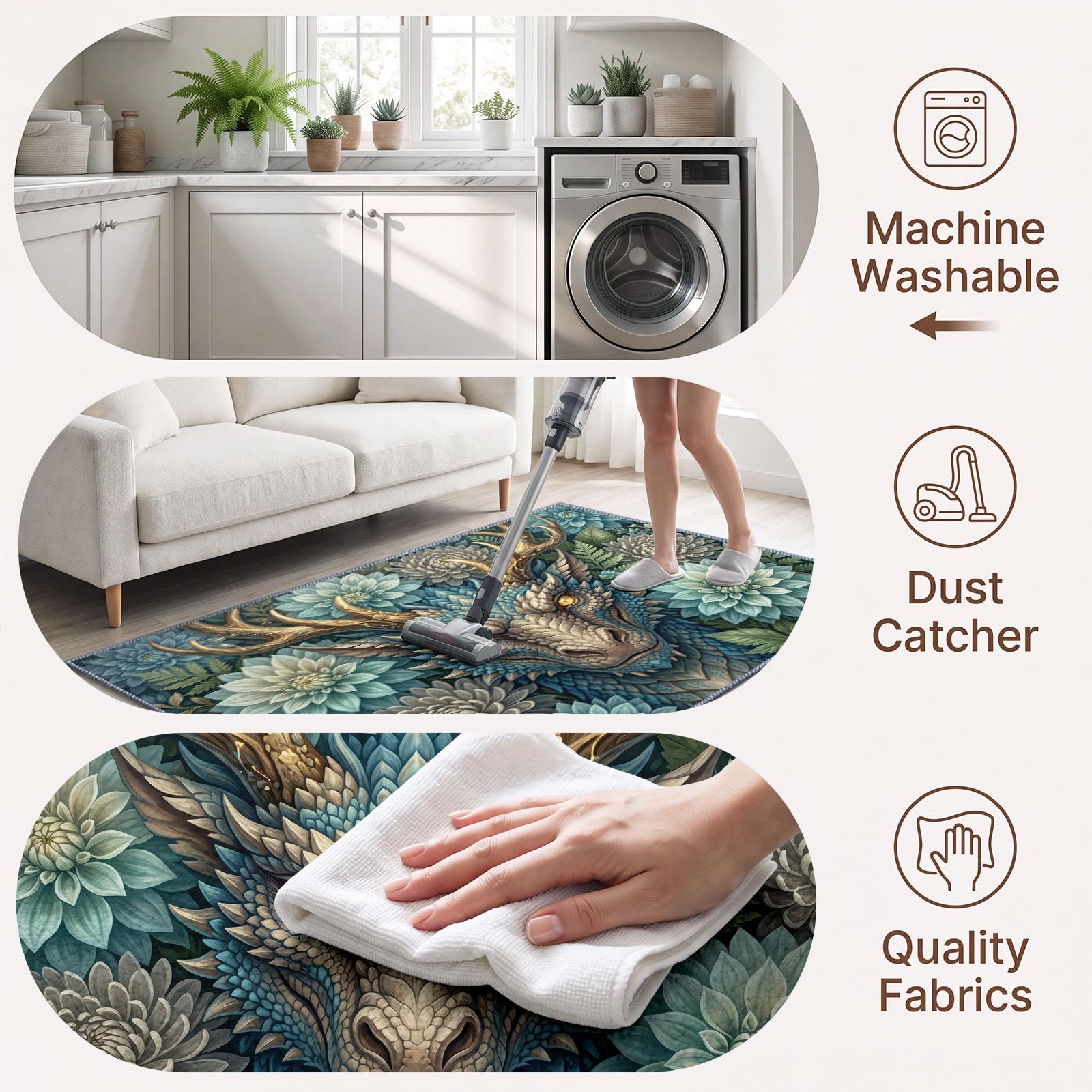 Générique Lavable en Machine Tapis Salon 140x200 cm, Dragon Floral Antidérapant à Poil Ras Tapis, Moderne Fantaisie Décoration Écologique pour Salle à Manger Couloir Chambre Bureau